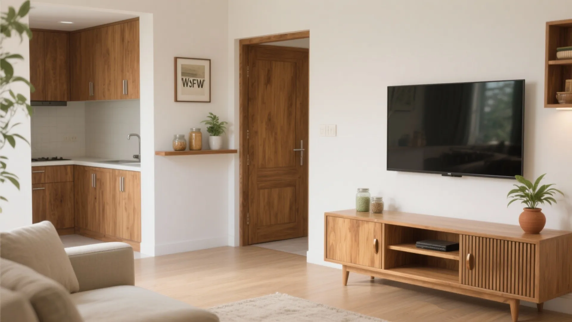 Warm wood accents to ground a compact home