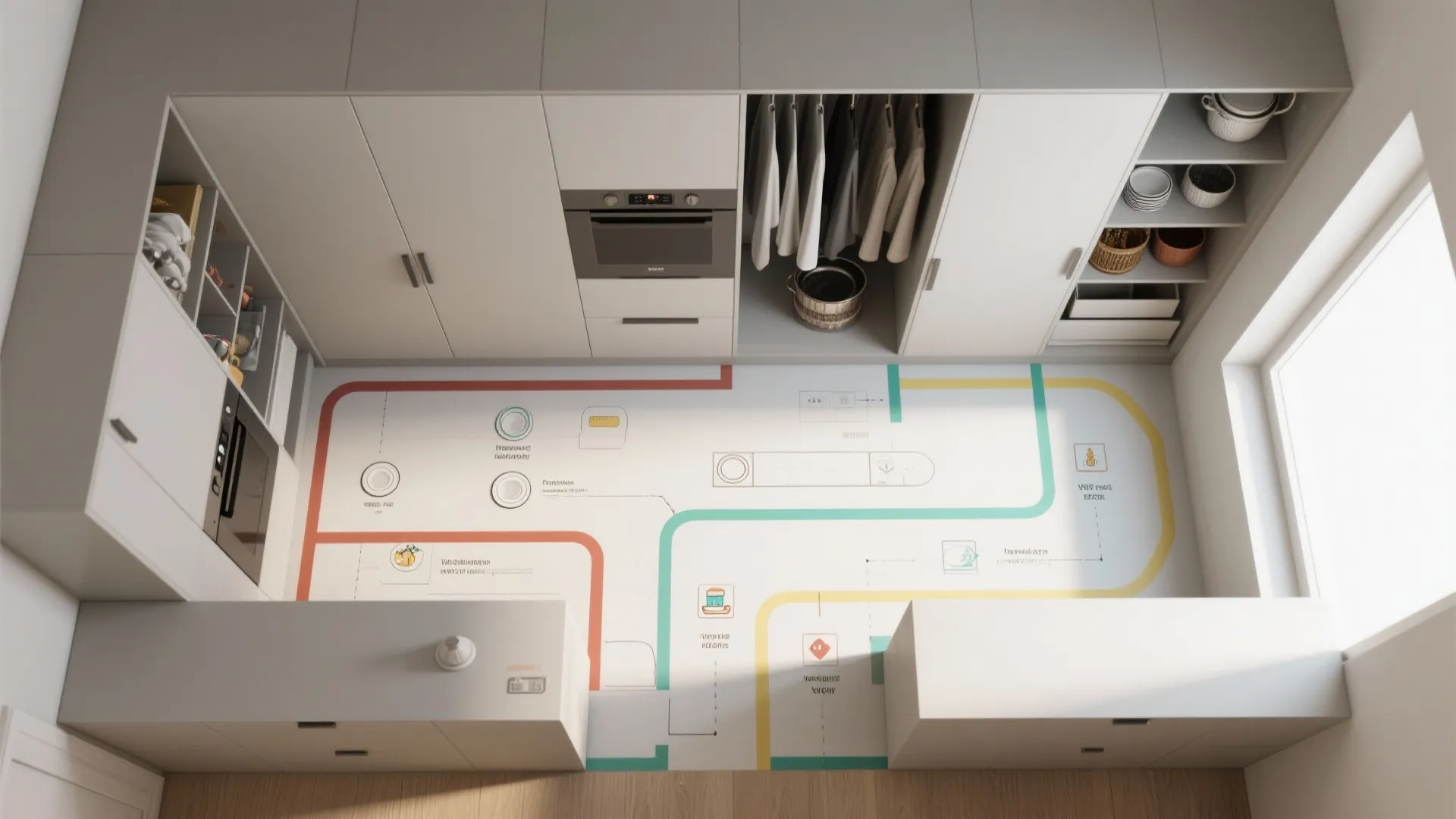 Top-down layout view with HUD-inspired painted bands and icons labeling storage zones in a kitchen or closet.