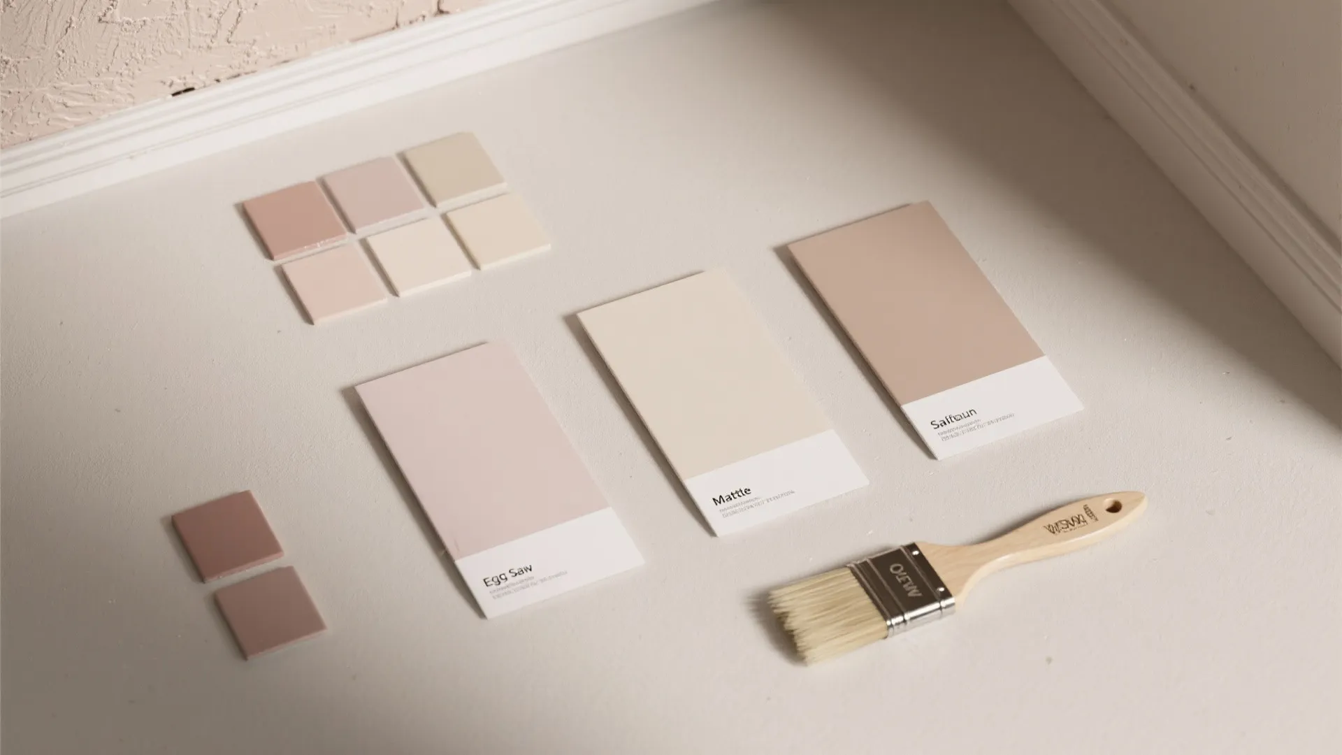 Top-down flatlay of three paint swatches in the same hue with different values and finishes for ceiling and walls.