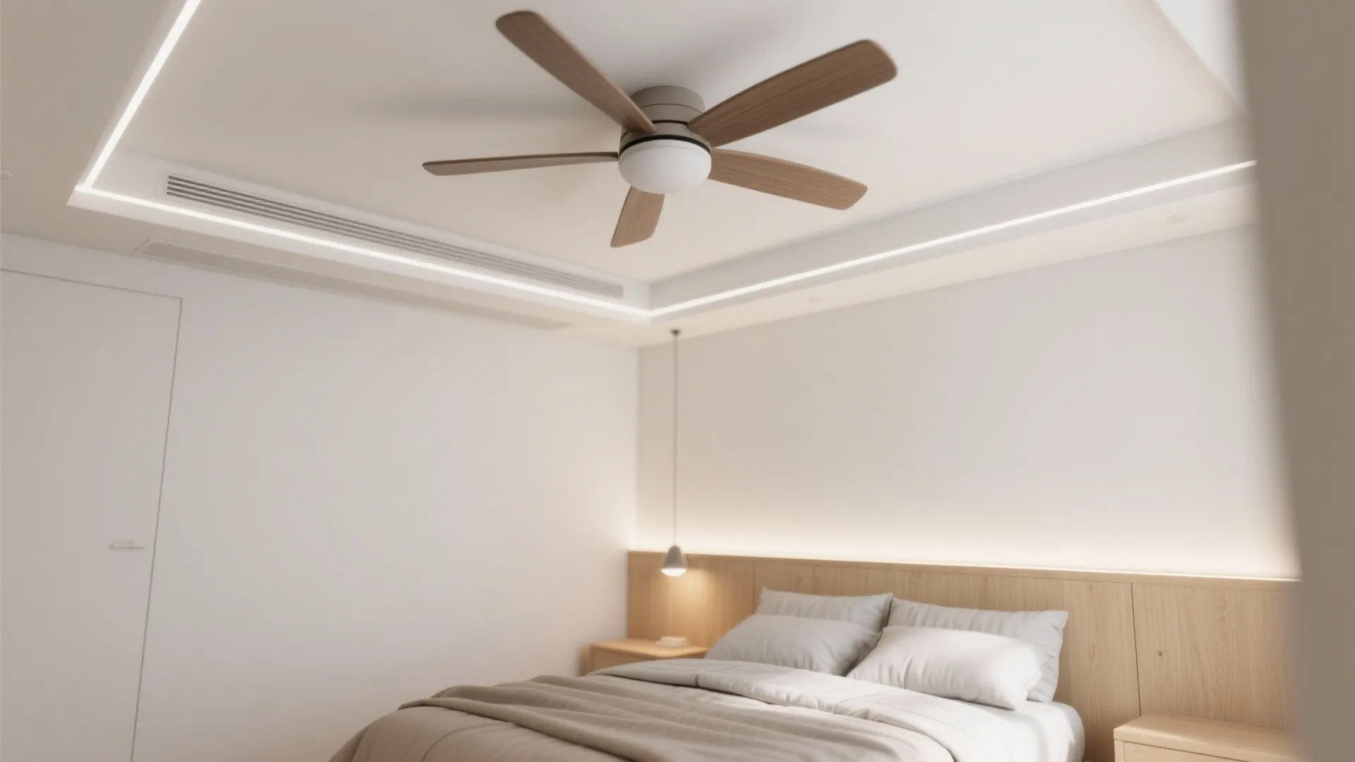 Modern bedroom with wooden ceiling fan white bed sheets wood wall panel and warm light fixture