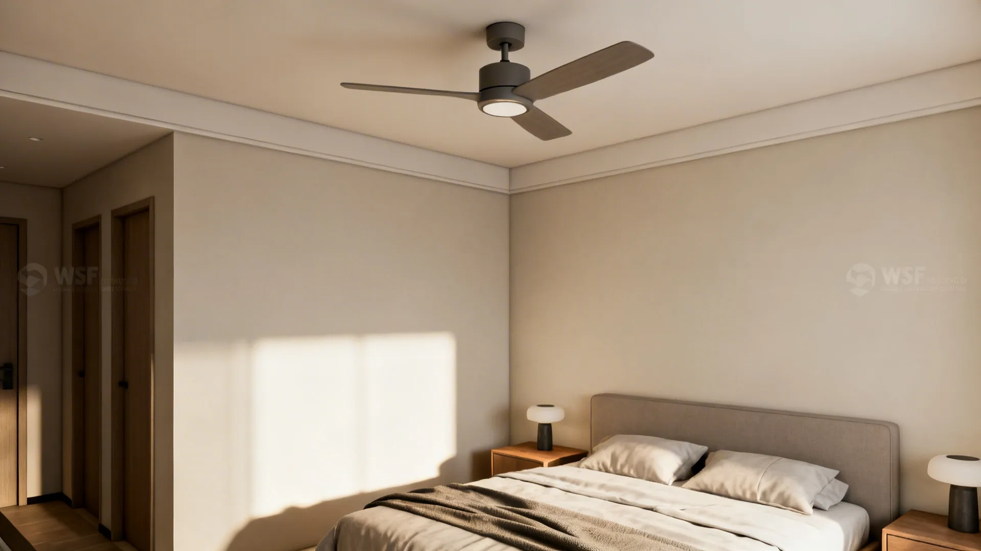 Small bedroom with 8-foot ceiling and a low-profile hugger ceiling fan close to the ceiling.
