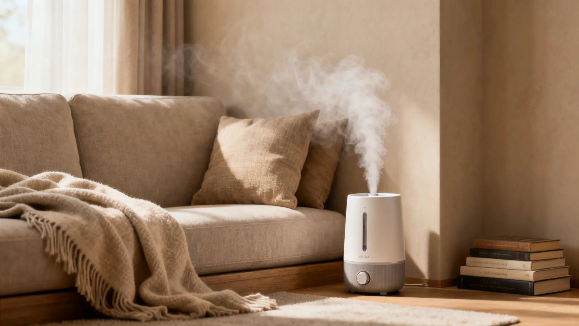 Humidifier beside a sofa providing targeted comfort in a reading nook