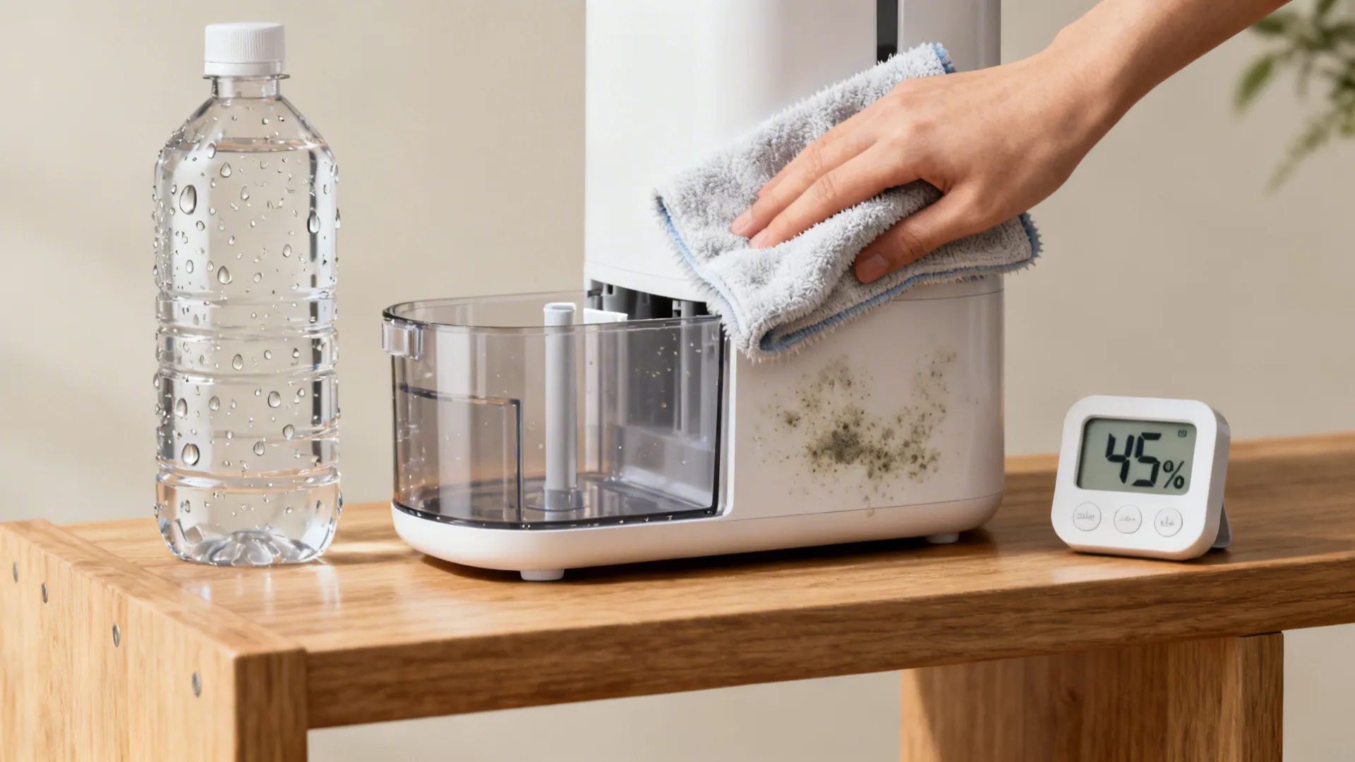 Close-up of humidifier maintenance items: distilled water, hygrometer, cleaning cloth