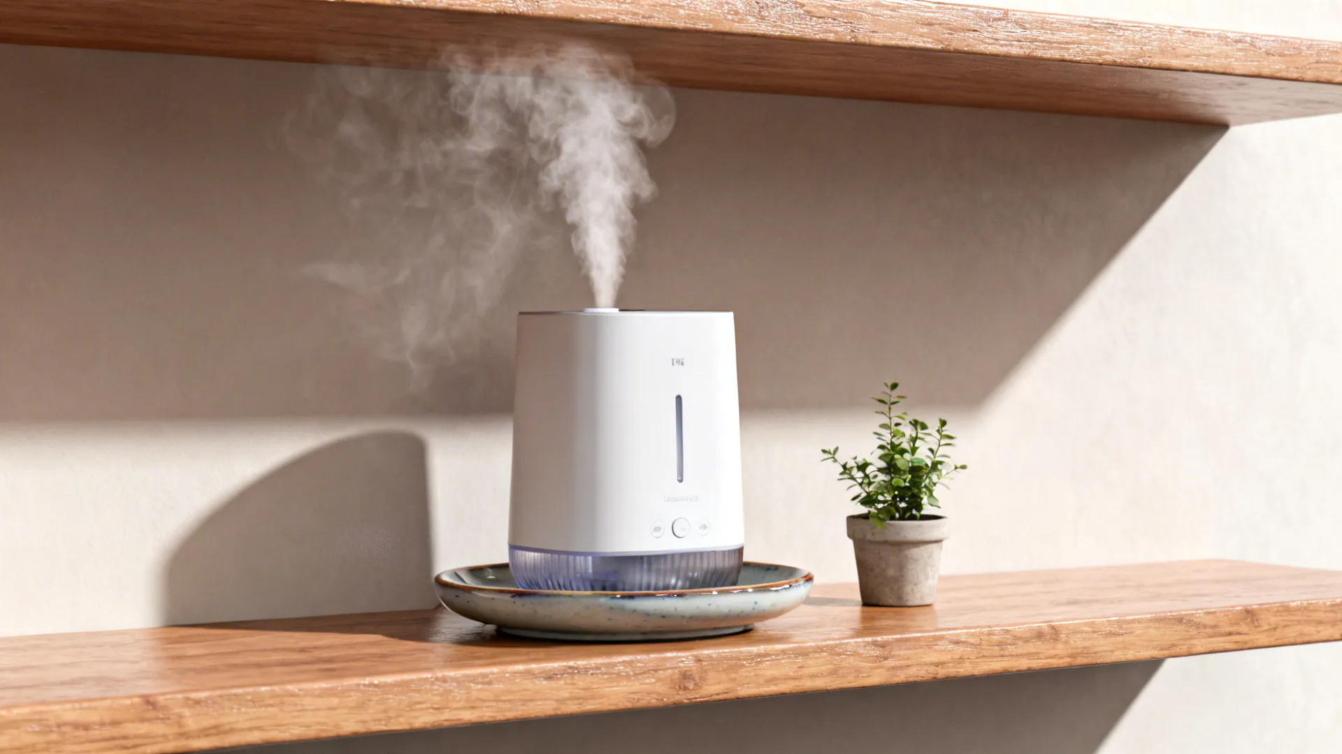 Humidifier on a mid-height shelf with a ceramic tray and plant, showing clearance for airflow