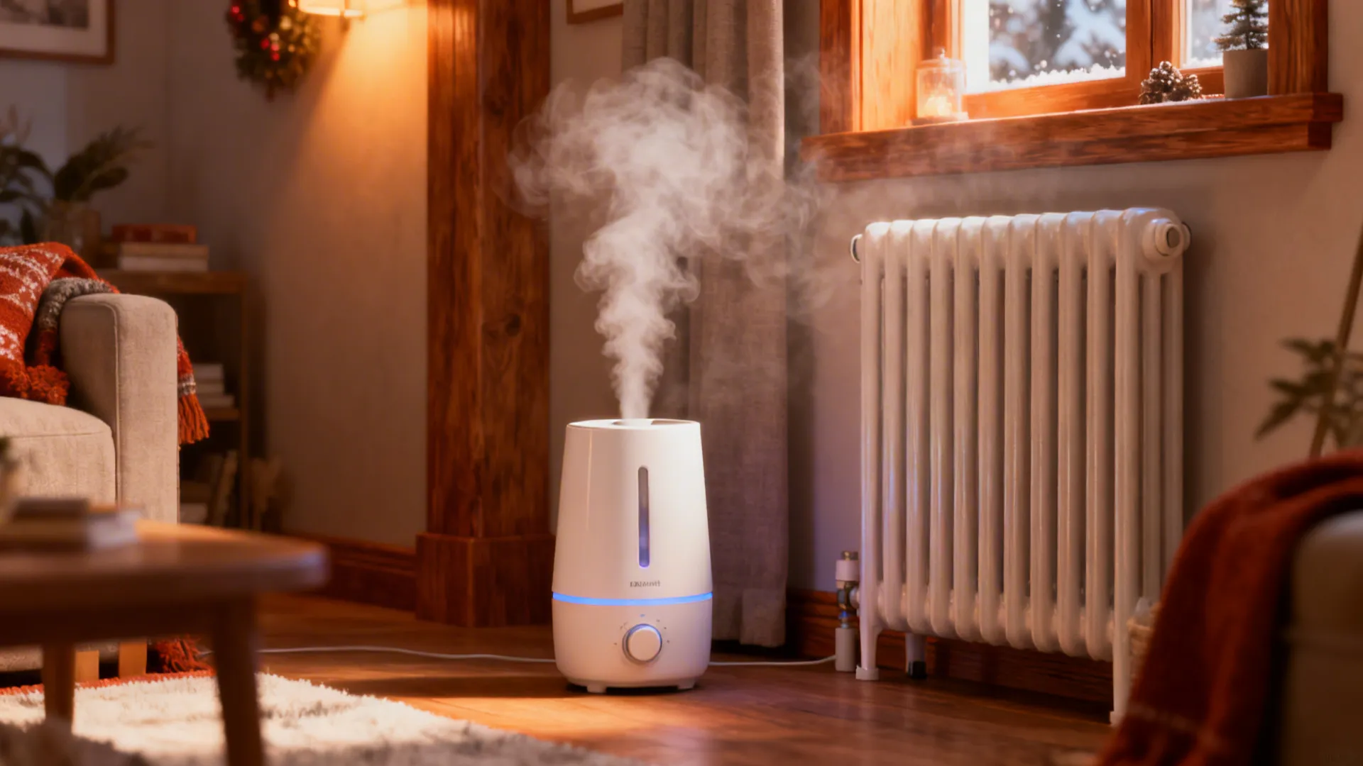 Humidifier positioned a safe distance from a radiator so warm air mixes with mist