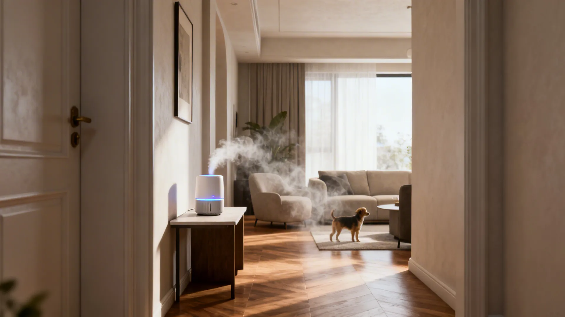 Humidifier on a low table near a corridor entrance dispersing mist into a living room