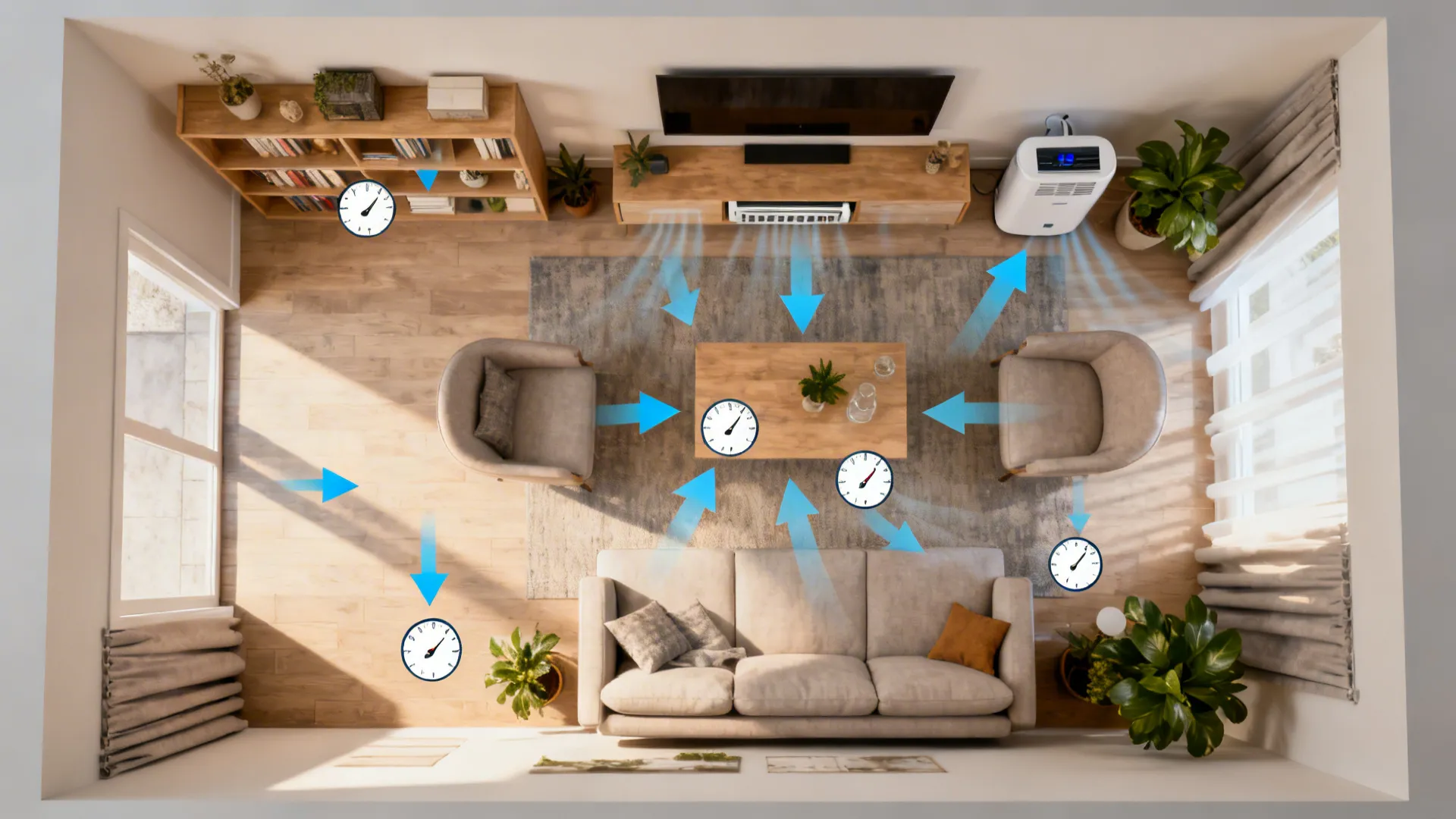 Top-down living room mock-up showing recommended humidifier placement and airflow paths