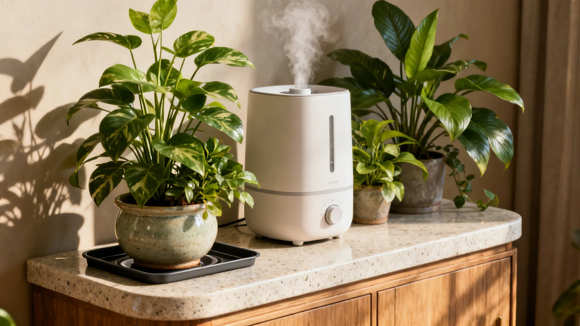 Ceramic console with a humidifier and houseplants protected by a drip tray