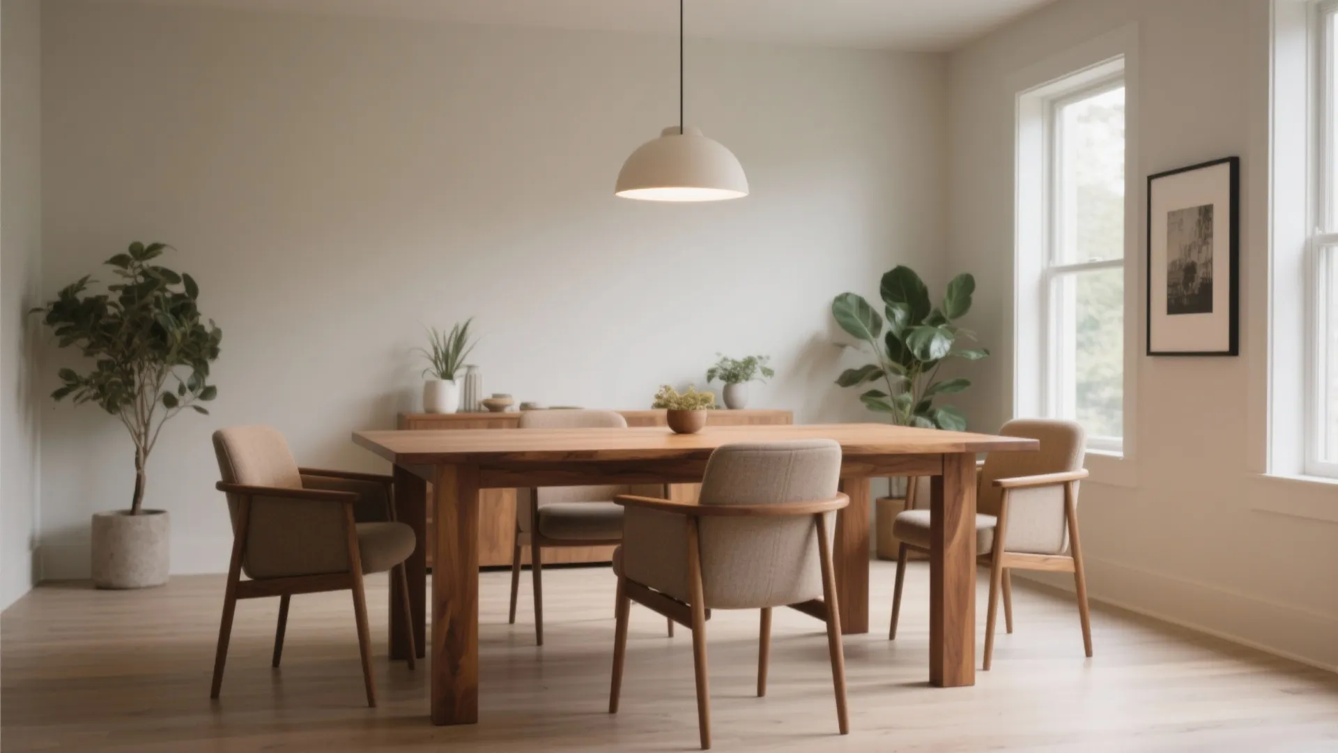 Modern dining room with a wooden table four chairs white ceiling light and green plants