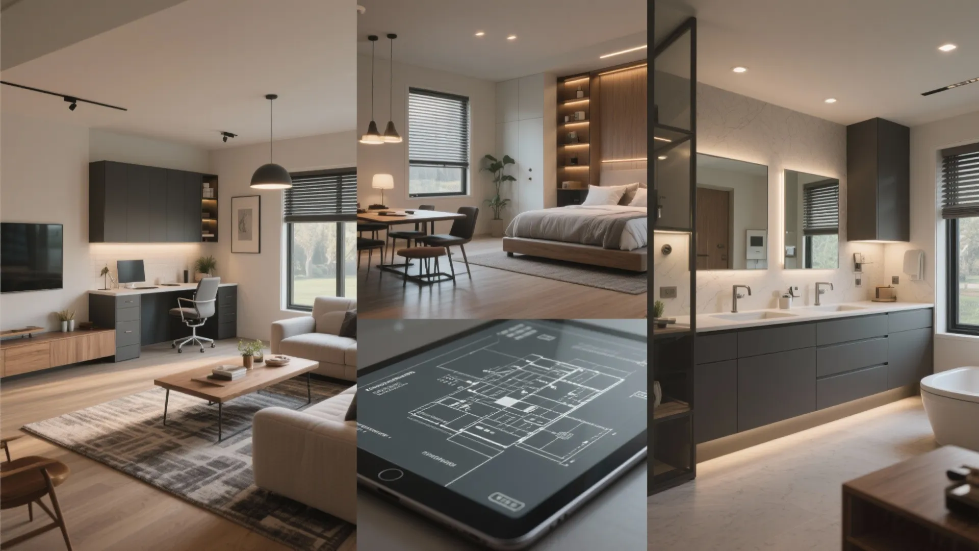 Modern home interior design with living room workspace bedroom and bathroom including digital floor plan