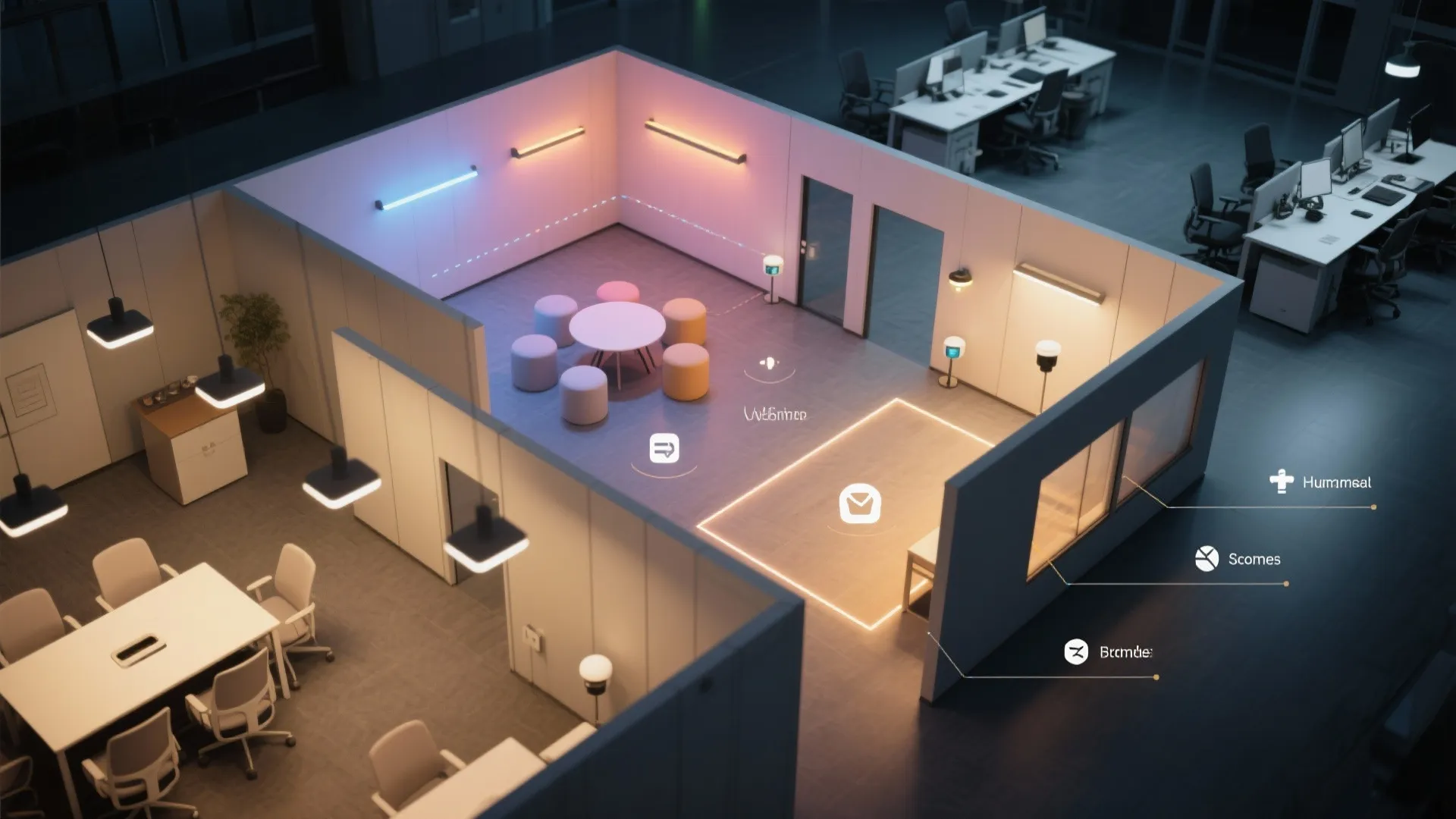 Top-down office plan showing tunable zones, dimmable ambient, and sensor placements for comfort.