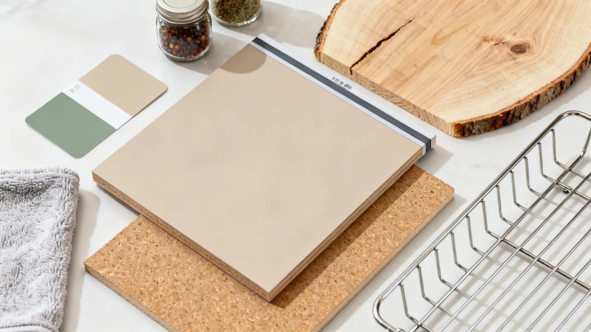 Material flat lay with beige tile, cork board, wood slice, color swatches, and small jars