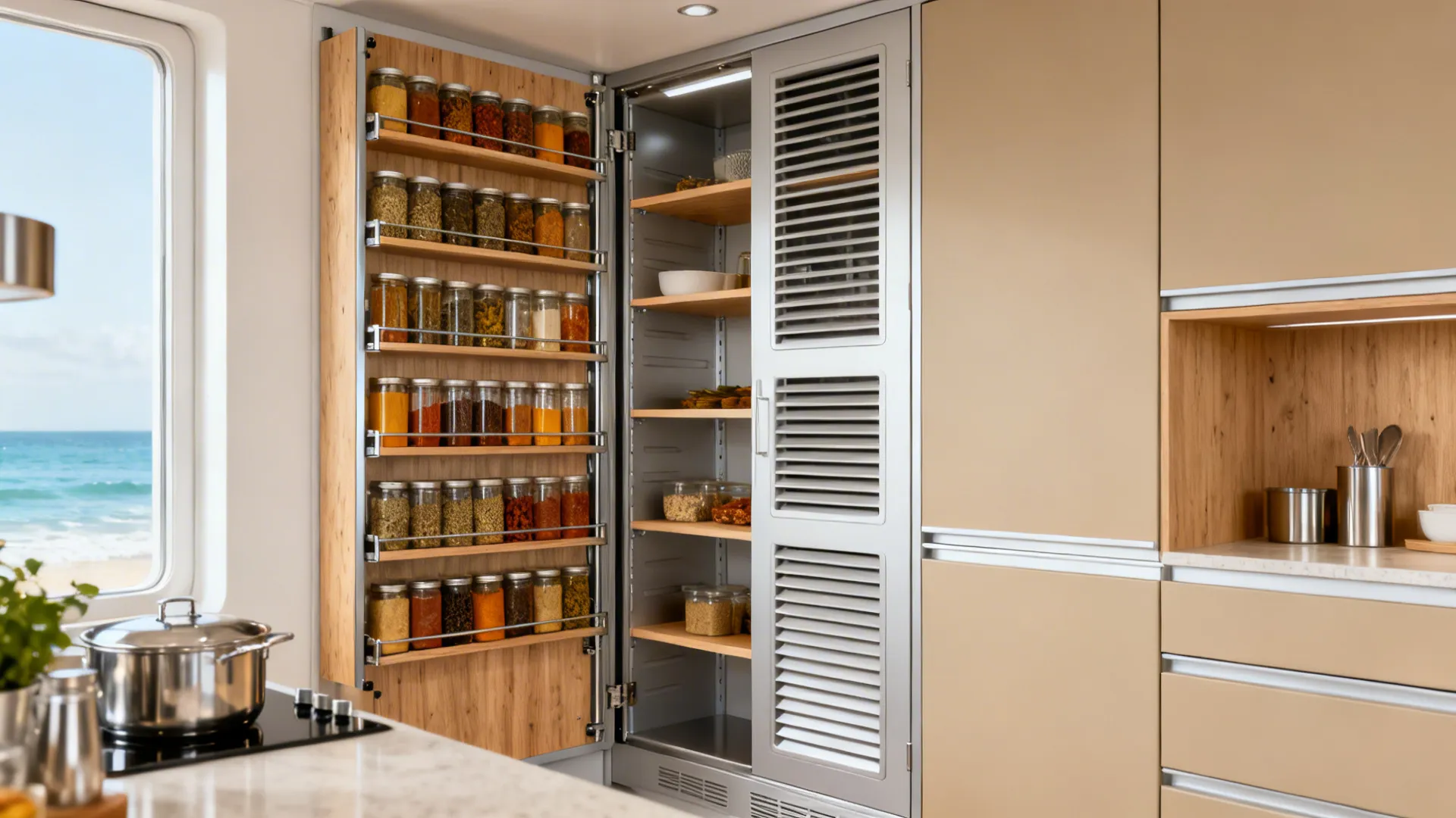 Modern kitchen cabinet with many glass spice jars on door and a sunny ocean view