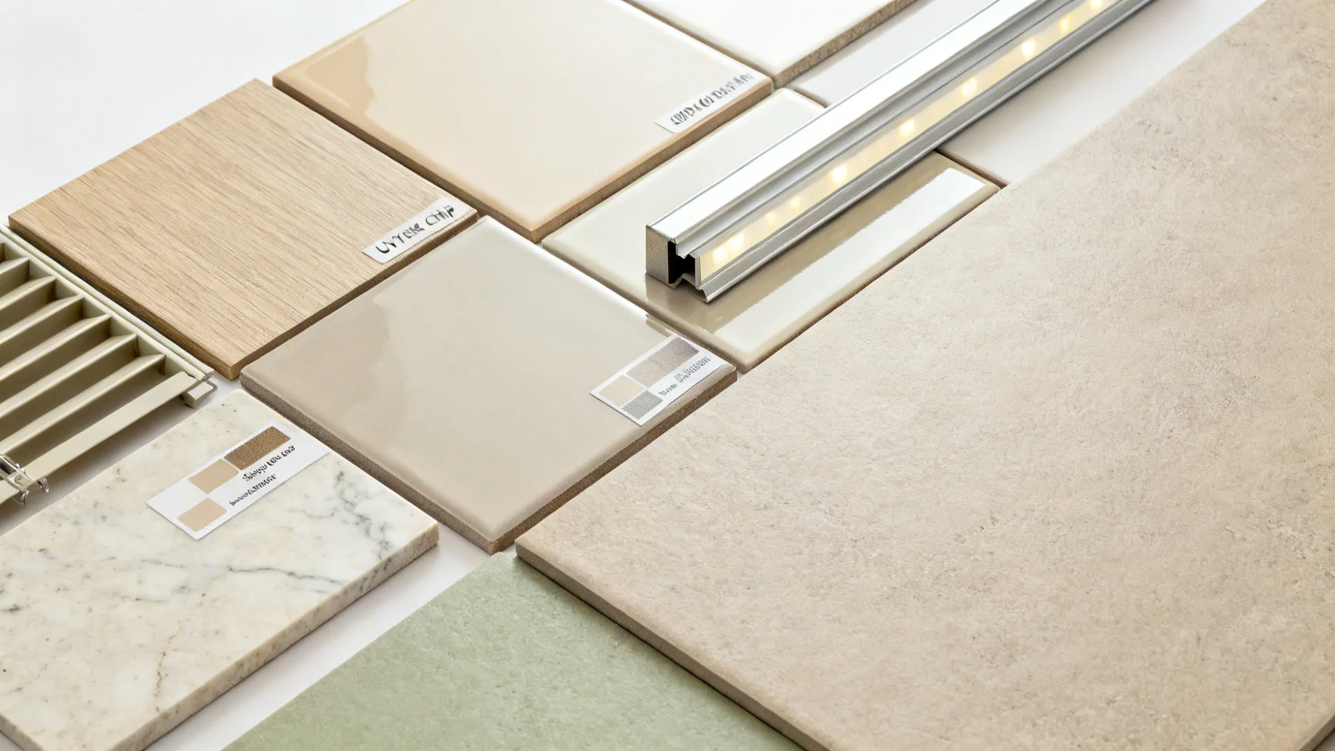 Flat lay of matte greige laminate, quartz, glossy backsplash tile, aluminum skirting, LED strip, and floor tile.