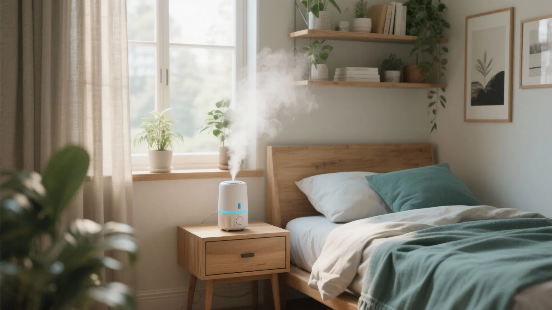 White humidifier on wooden bedside table emitting mist in a bright bedroom with green plants