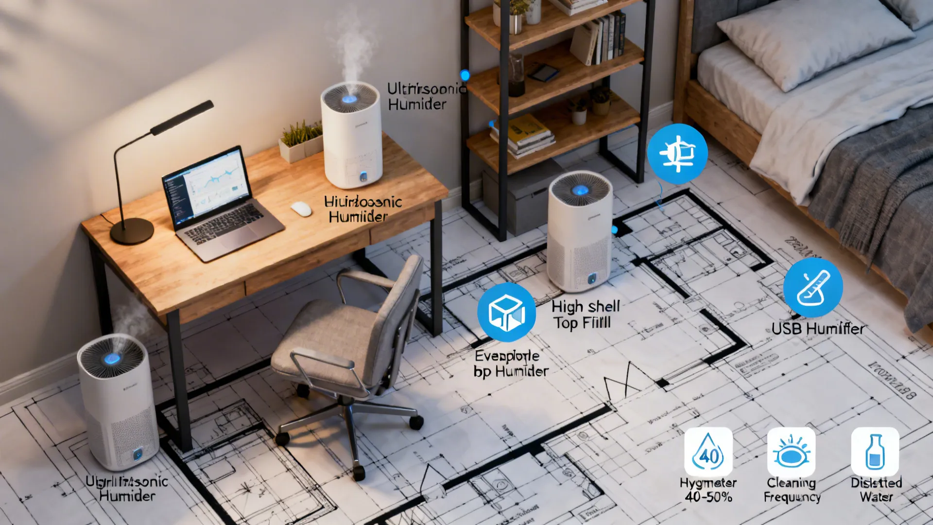 Top-down small room layout with recommended humidifier placements and icons for humidity tips