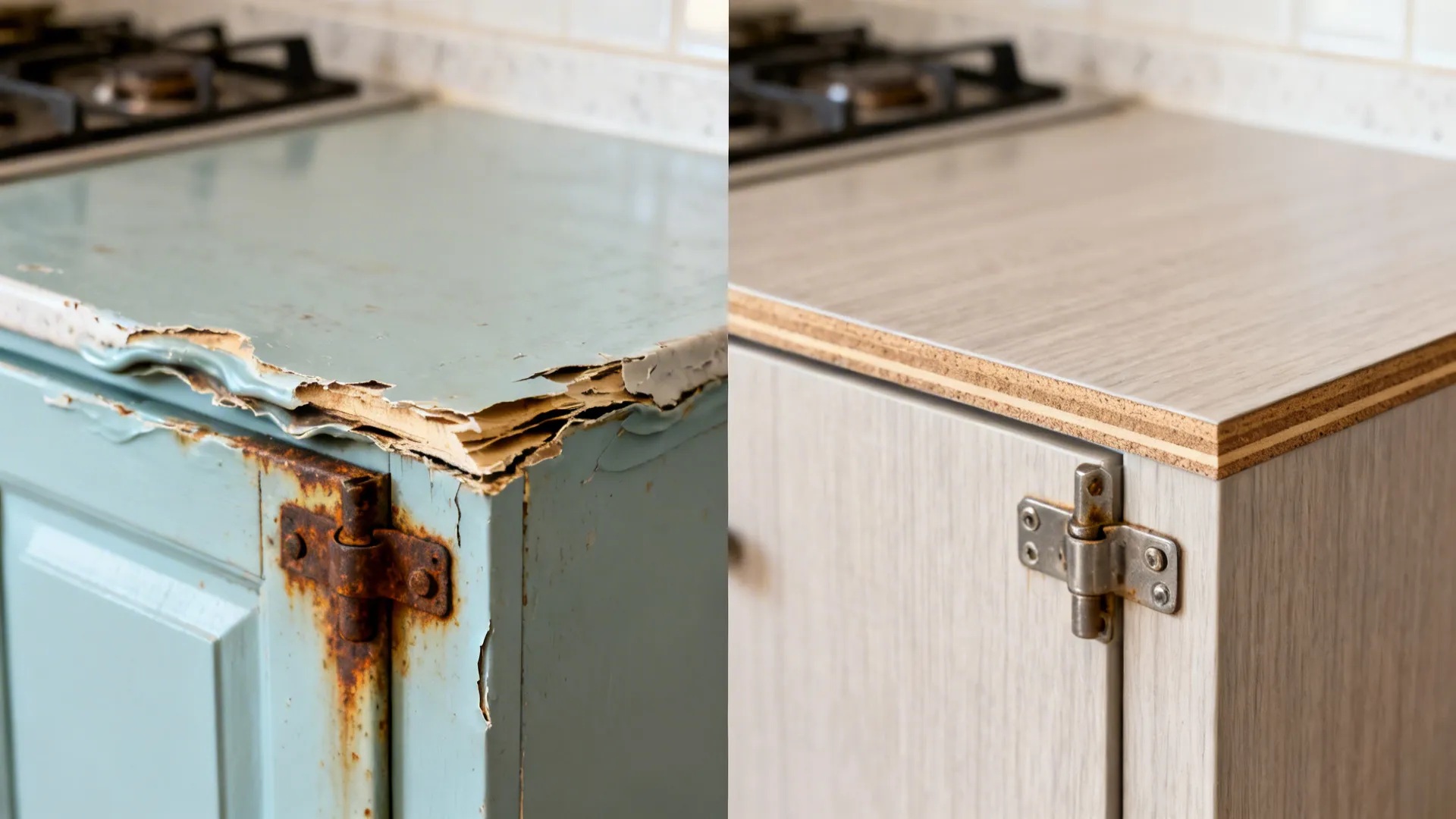 Before-and-after showing swollen, rusted cabinet parts replaced with moisture-resistant cores and sealed hinges.