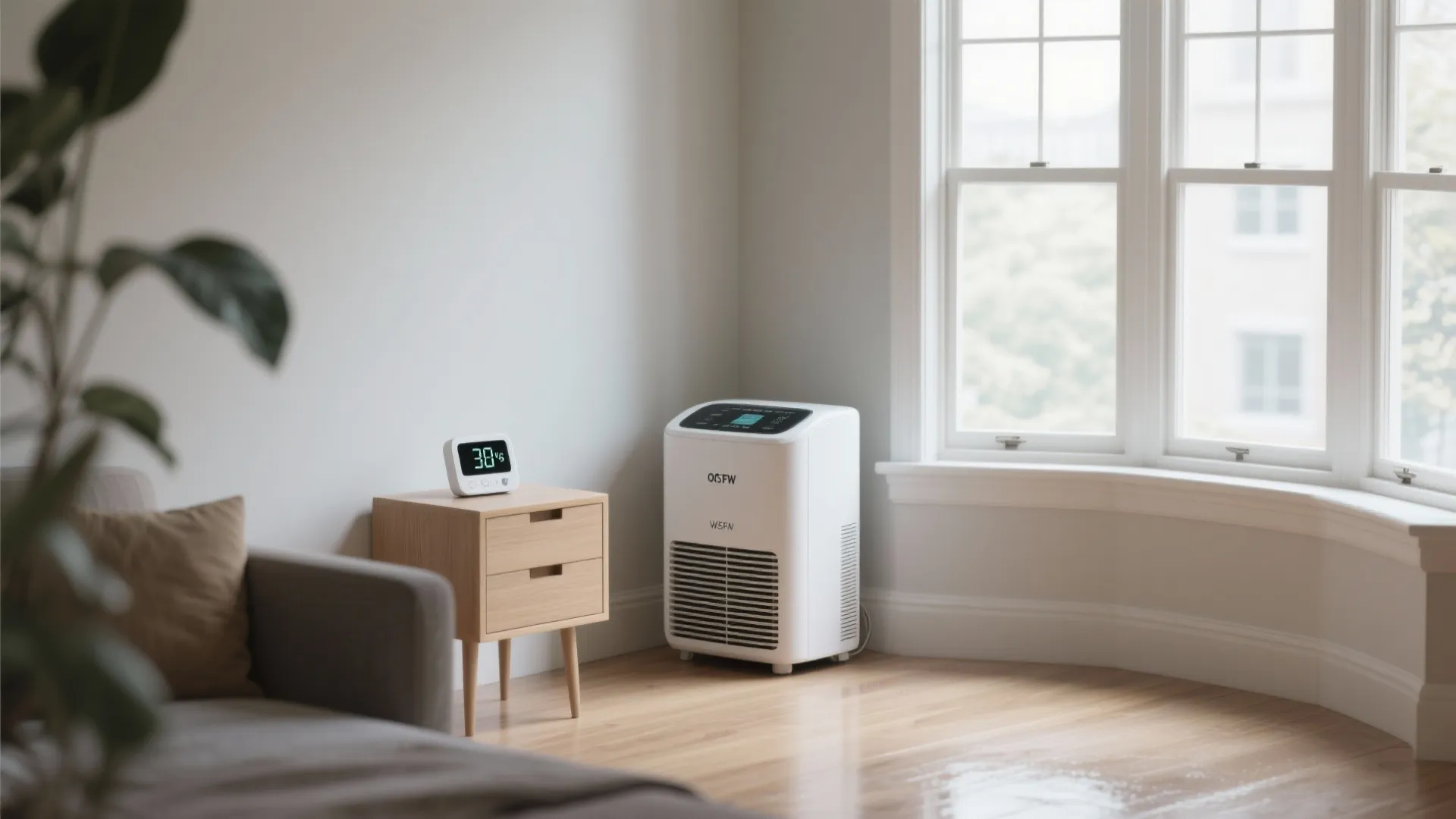 White dehumidifier next to wooden side table with digital humidity monitor in a bright room