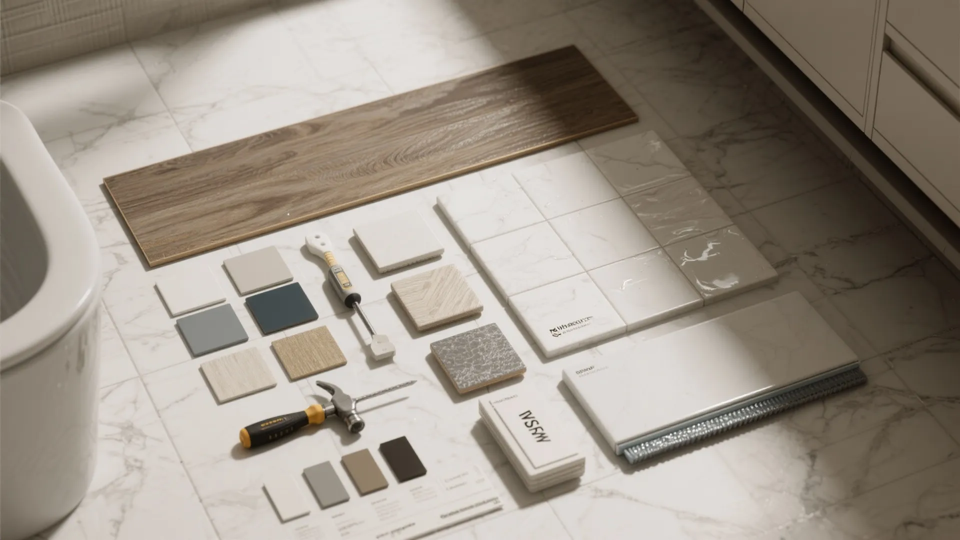 Home renovation material samples including floor tiles wood planks and tools on marble floor background