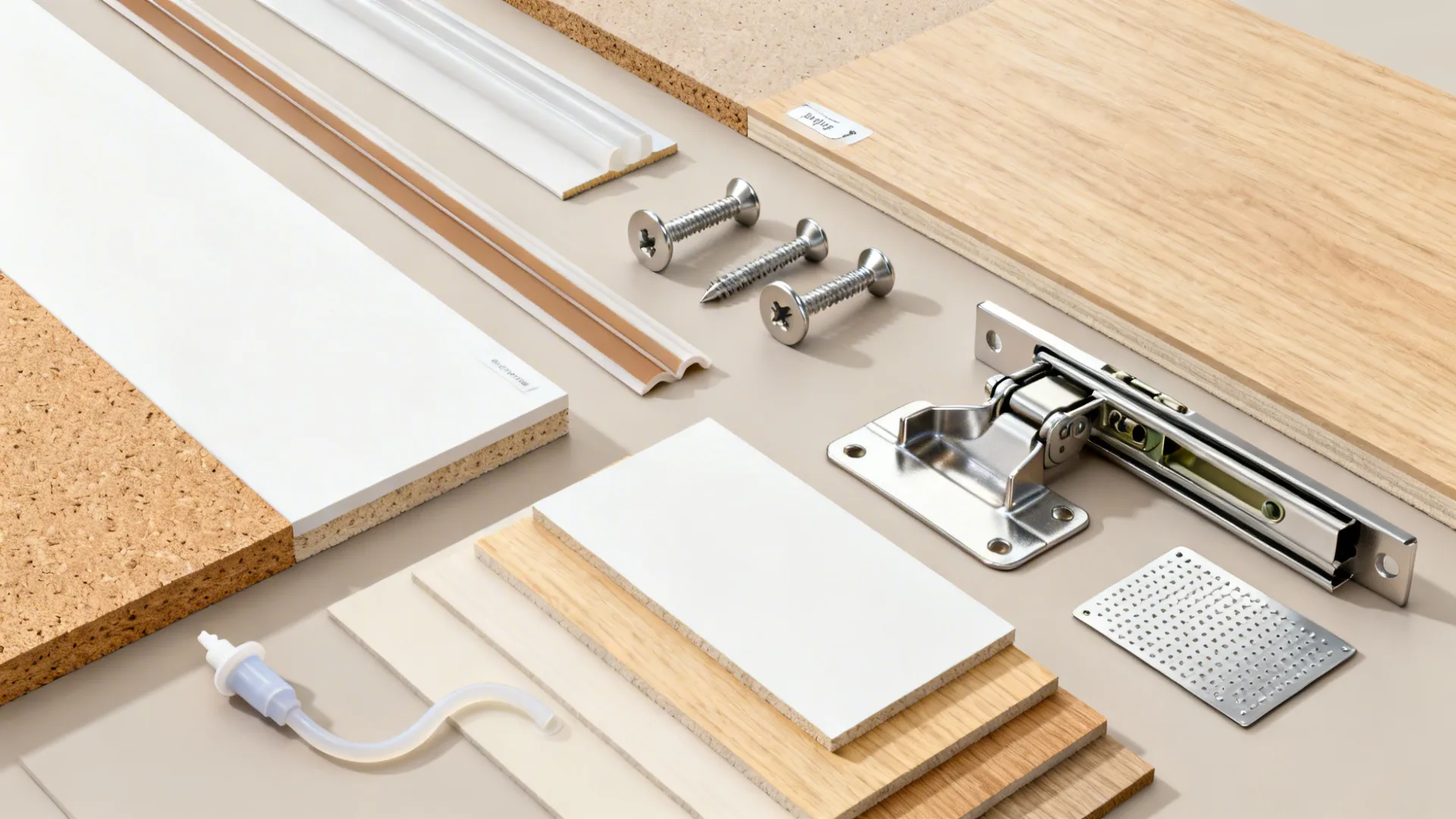 Flat lay of moisture-resistant boards, PVC edge banding, stainless hardware, and sealants for humid kitchens.