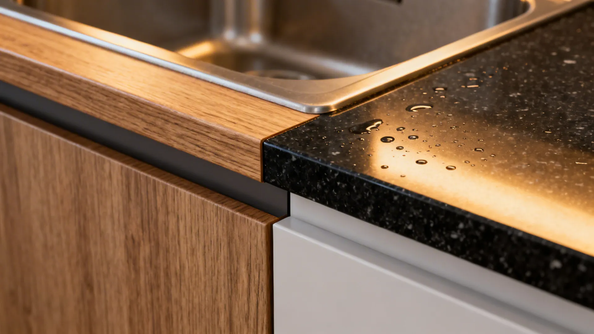 Macro of moisture-resistant wood laminate and UV-coated veneer near a sink area.