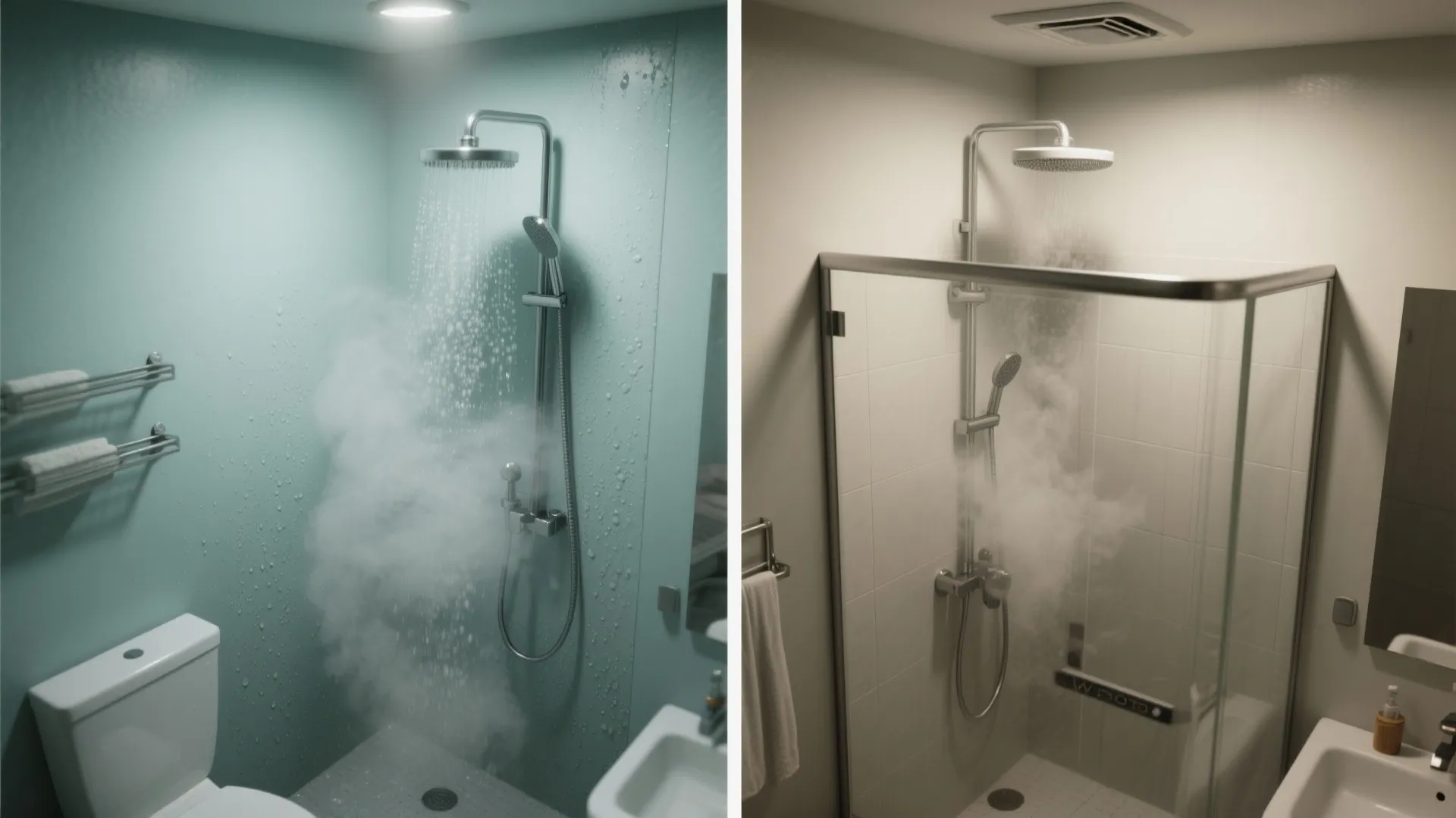 Side-by-side comparison of two bathrooms showing steam from water in a blue and white shower