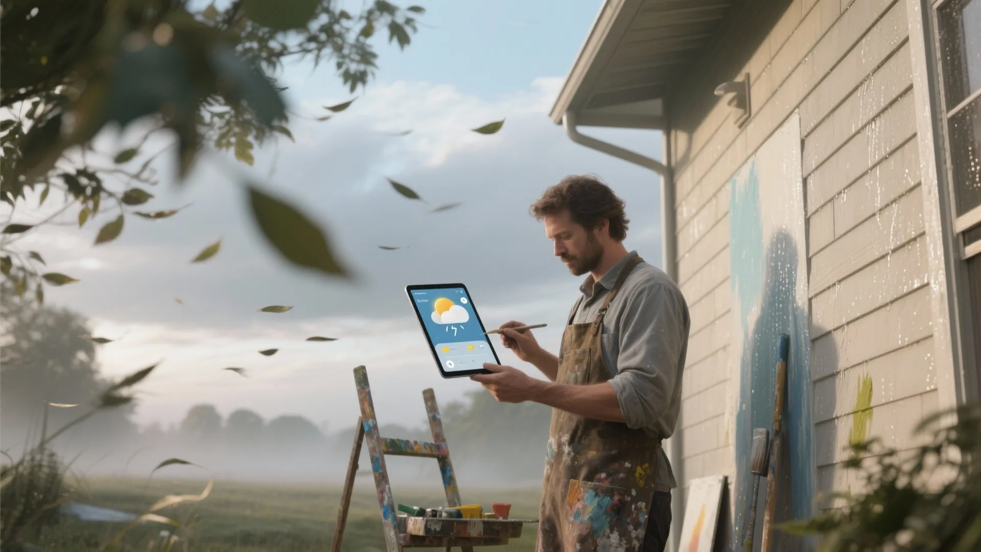 Man in apron holding tablet showing weather while standing outside next to house wall painting