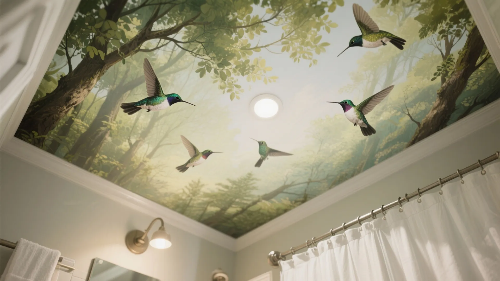 Bathroom ceiling with forest wallpaper showing green trees and flying hummingbirds near a bright light