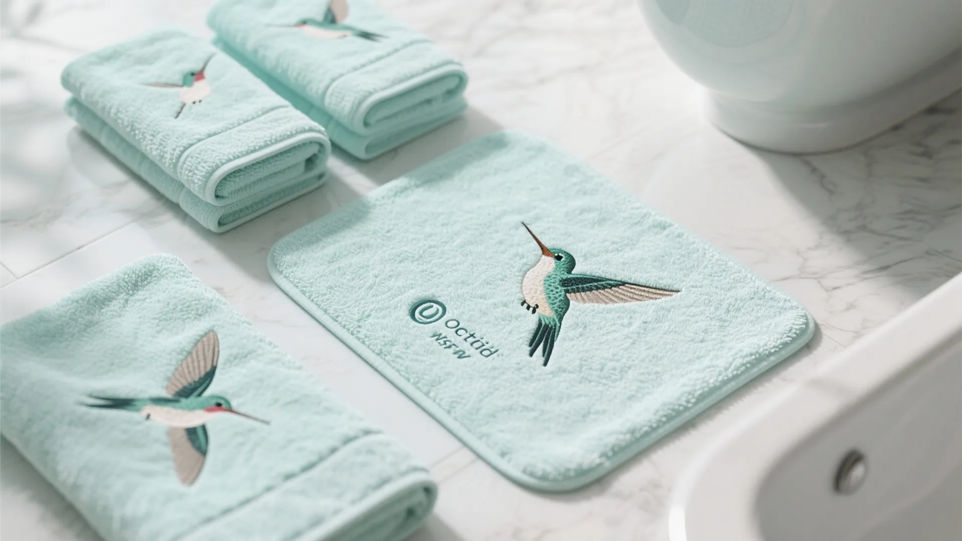 Light blue towels and mat with hummingbird embroidery on a white marble bathroom floor surface