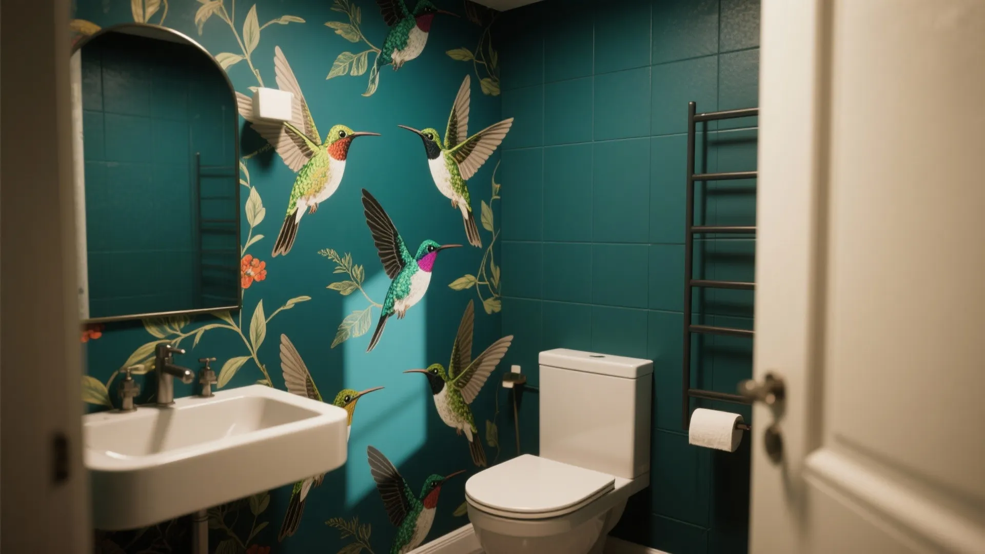 Dark teal bathroom with large hummingbird wallpaper, white toilet, sink, arched mirror, and towel rack