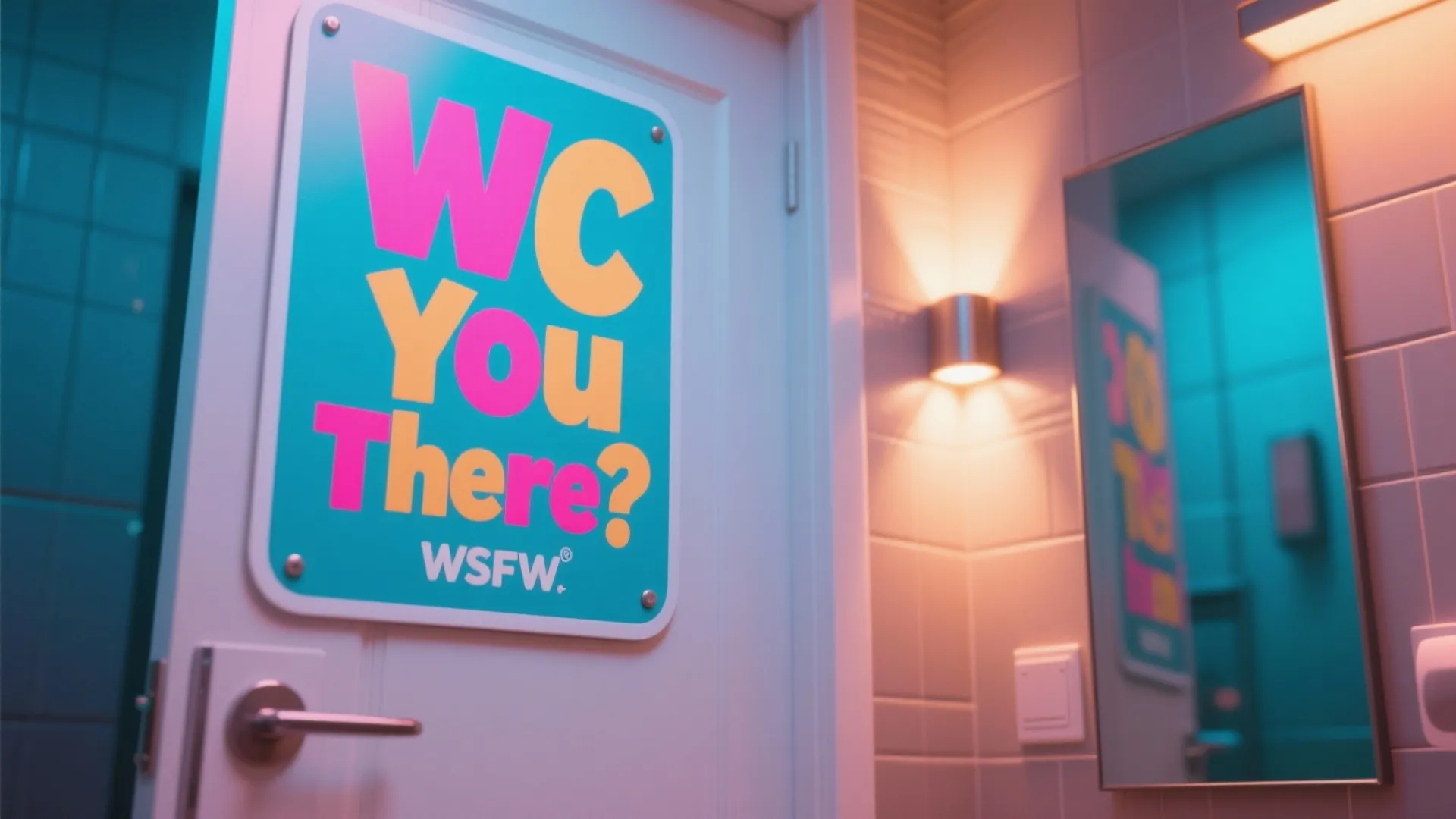 Humorous bathroom signs with playful typography on a door