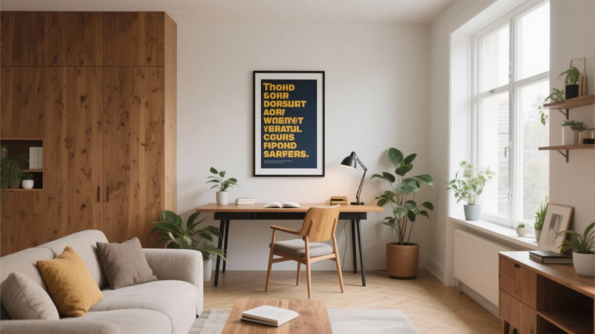 Modern home office with wooden desk chair wall art green plants sofa and natural light