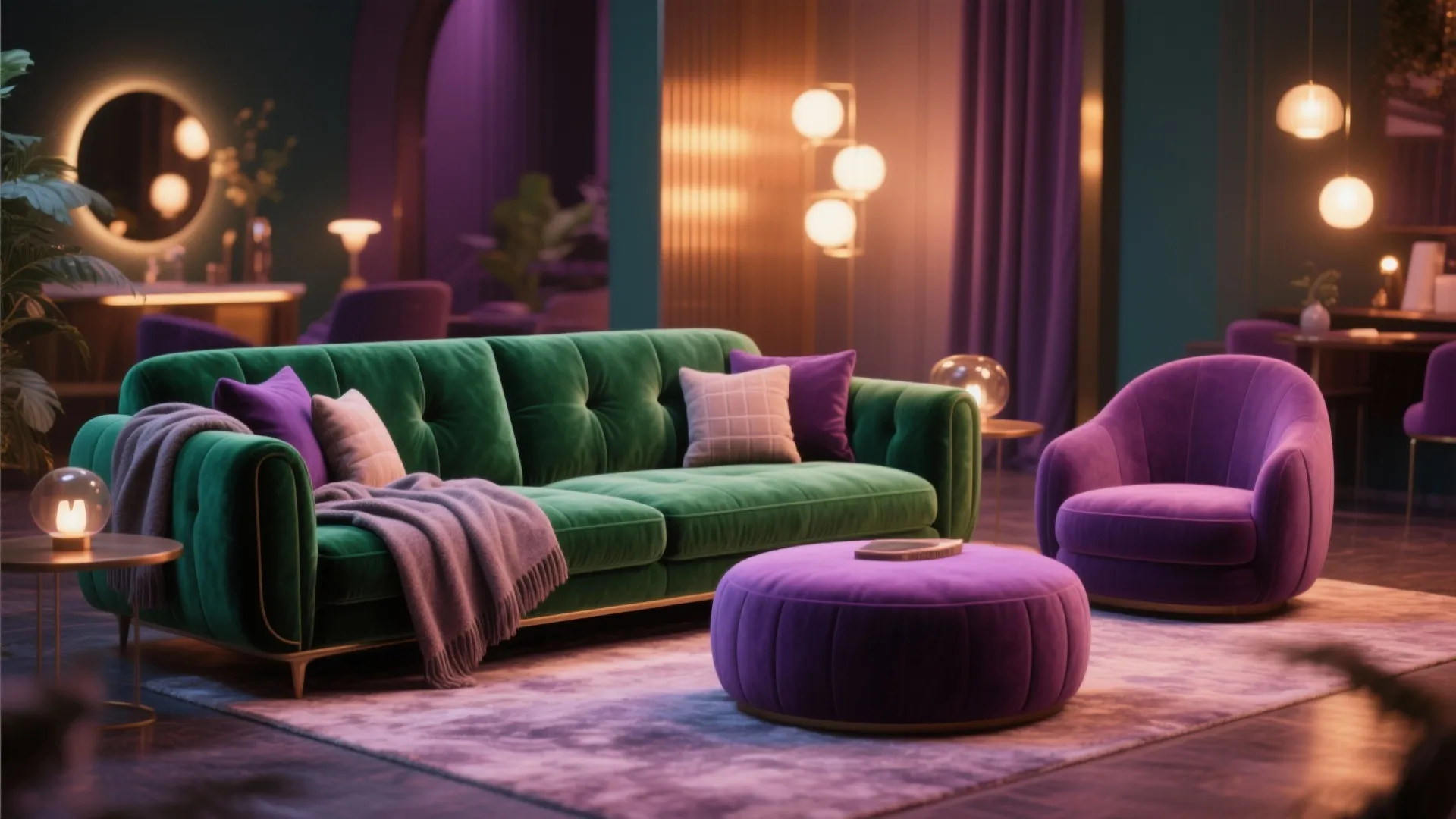 7. Hunter Green Velvet with Eggplant Ottomans