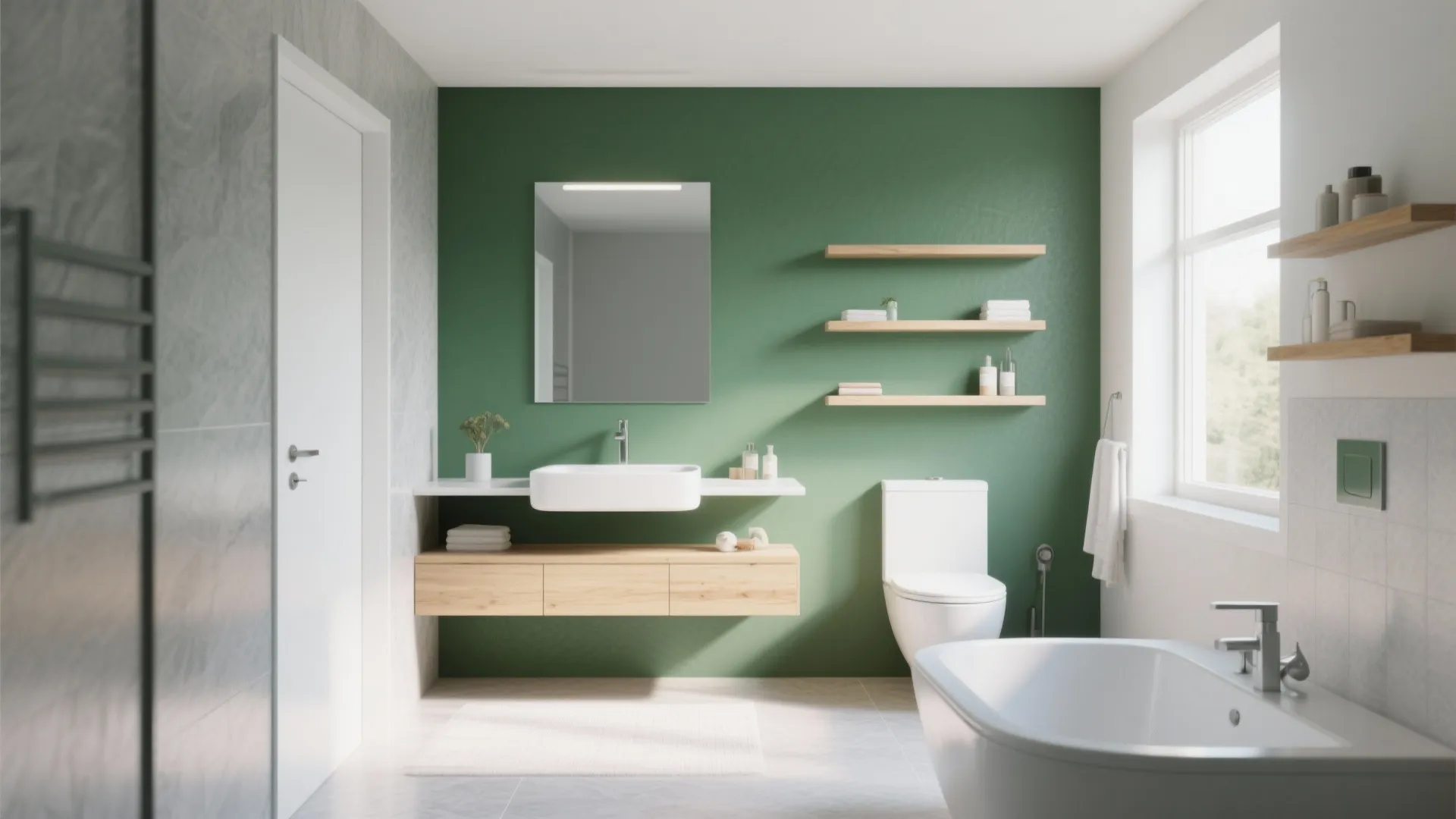 Minimalist bathroom with a dark green accent wall, wooden shelves, white sink, and white bathtub
