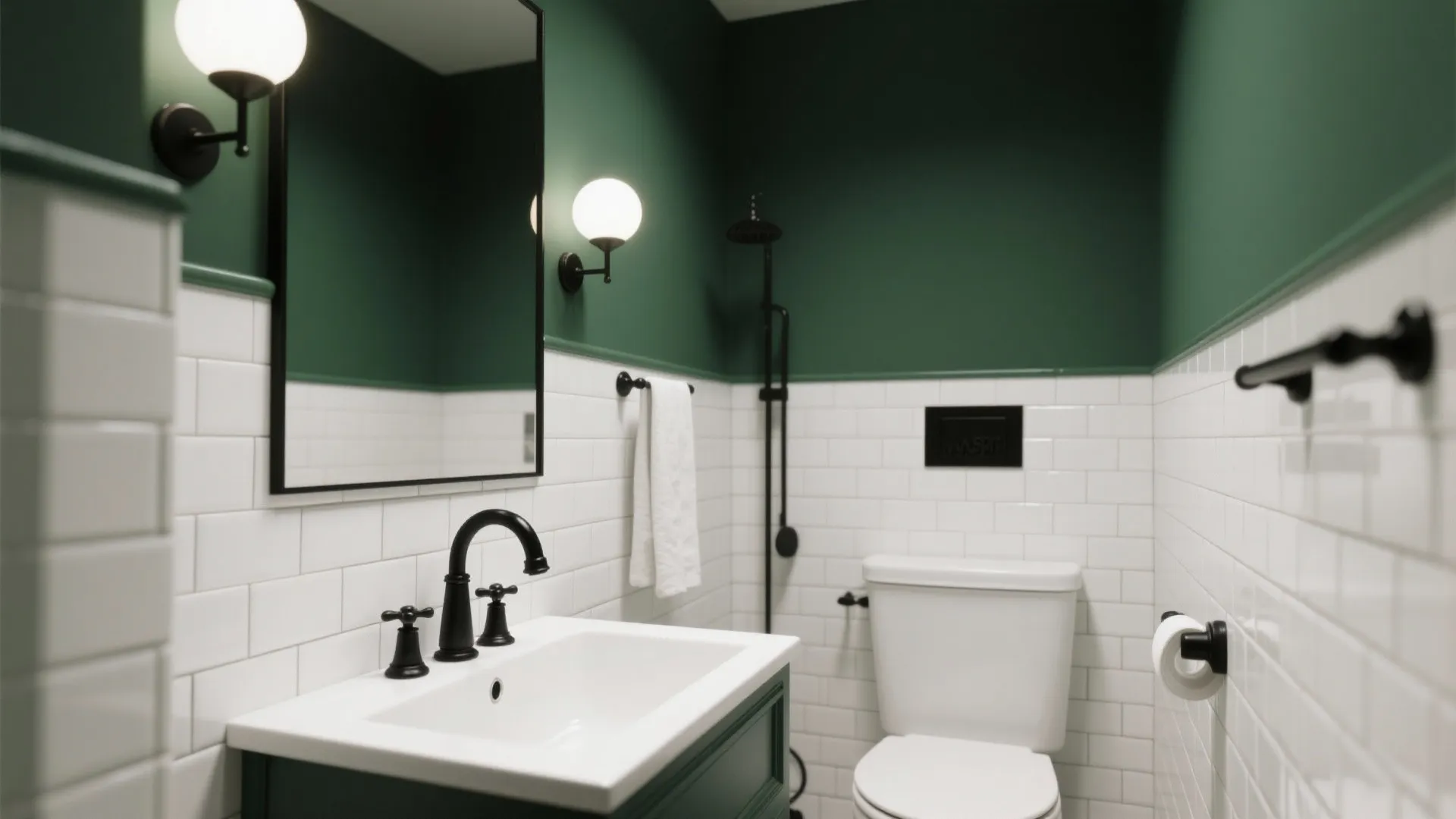 Dark green bathroom with white wall tiles black light fixtures white sink and white toilet
