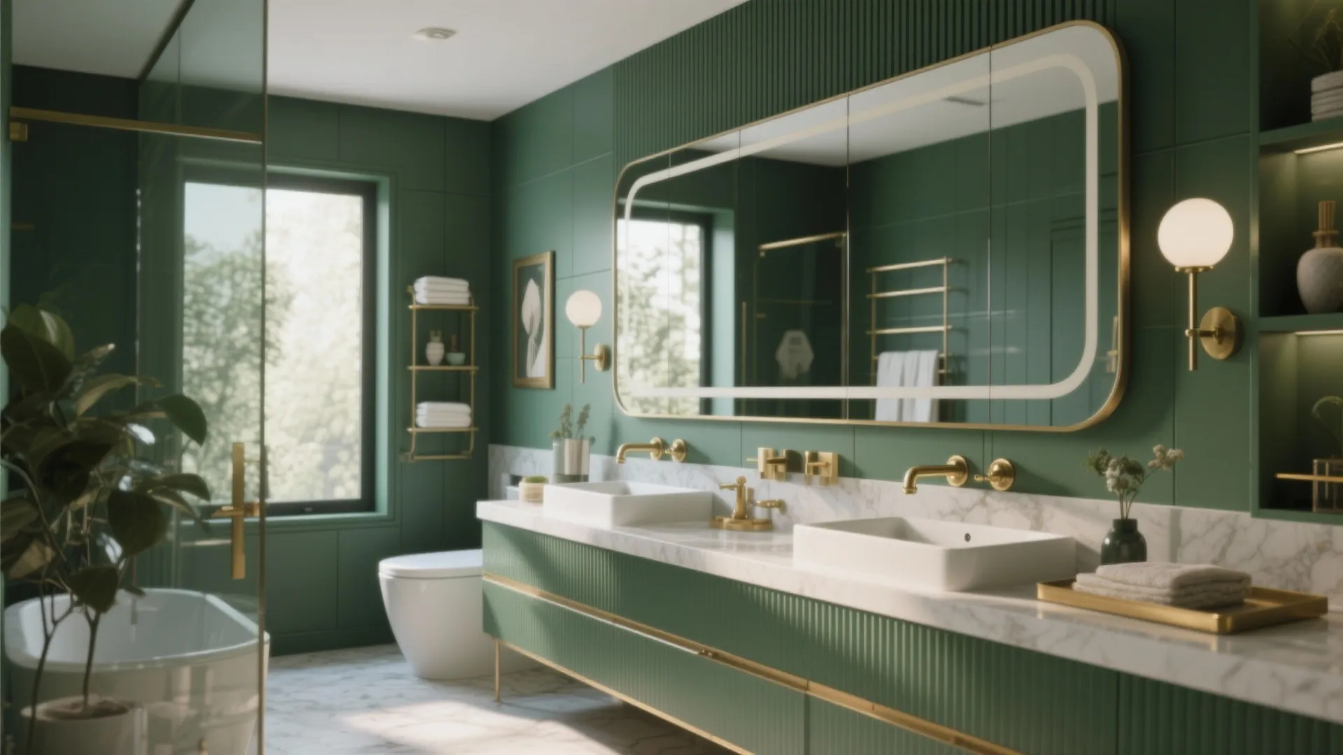 Modern green bathroom with double sinks large mirror gold wall light fixtures and white marble countertop