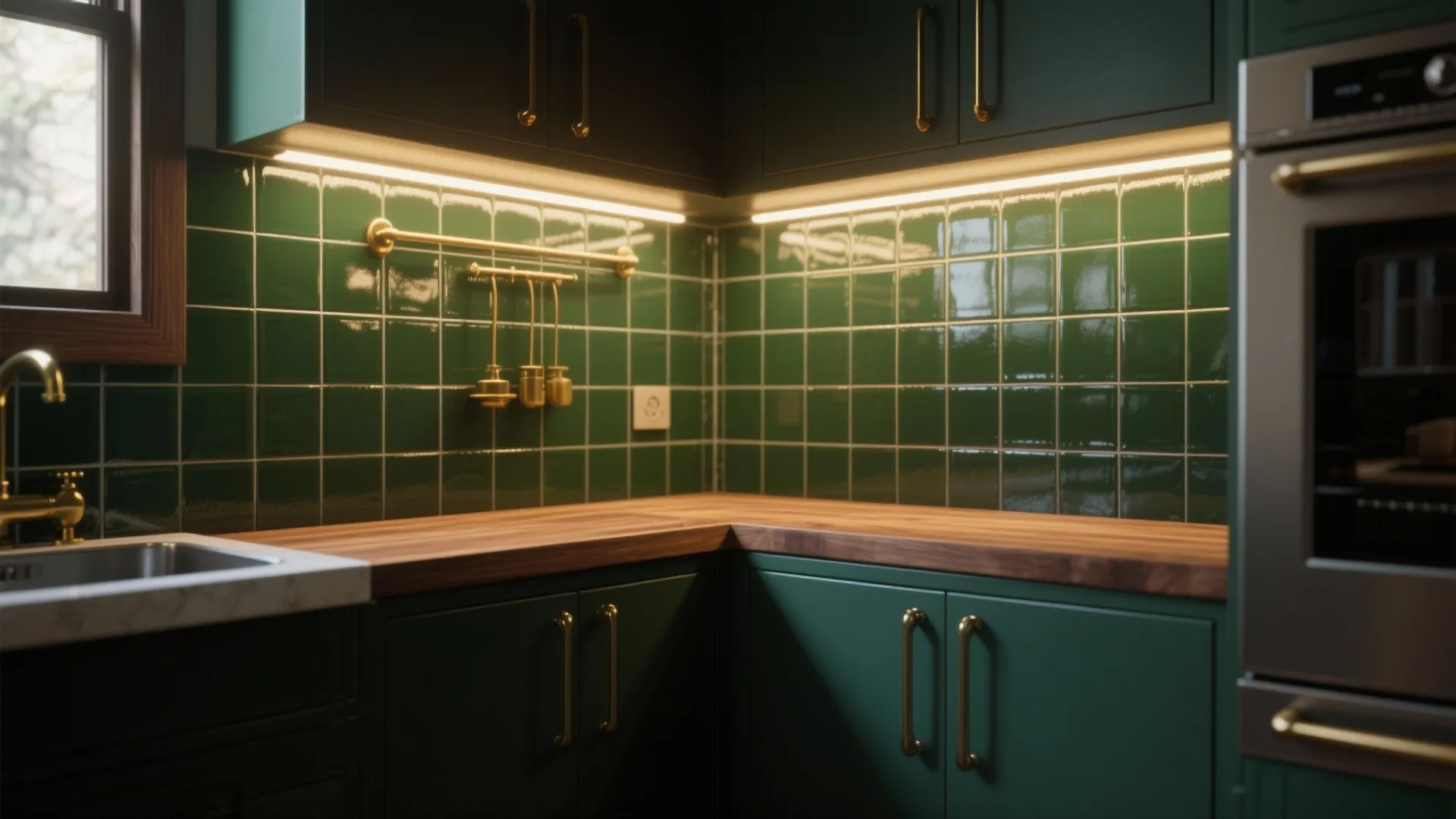 3. Dark Green Contrast with Brass Hardware