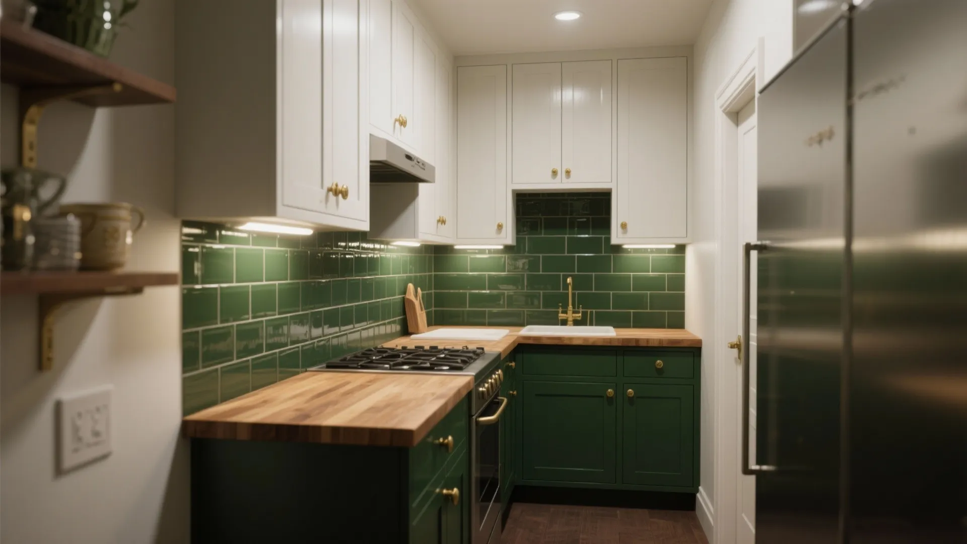 Tiny kitchen with deep hunter green lower cabinets, brass hardware and reflective backsplash