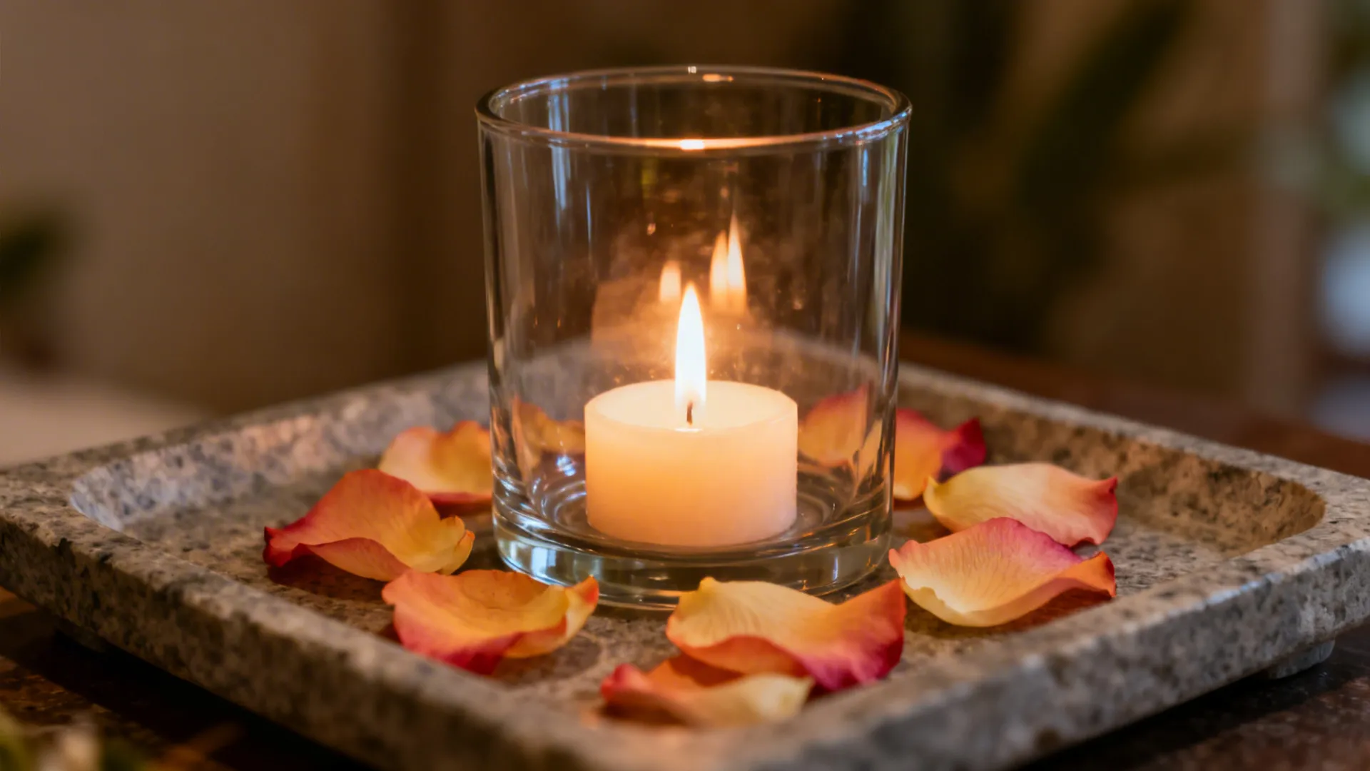 Close-up of a candle inside a glass hurricane with rose petals on a stone tray.