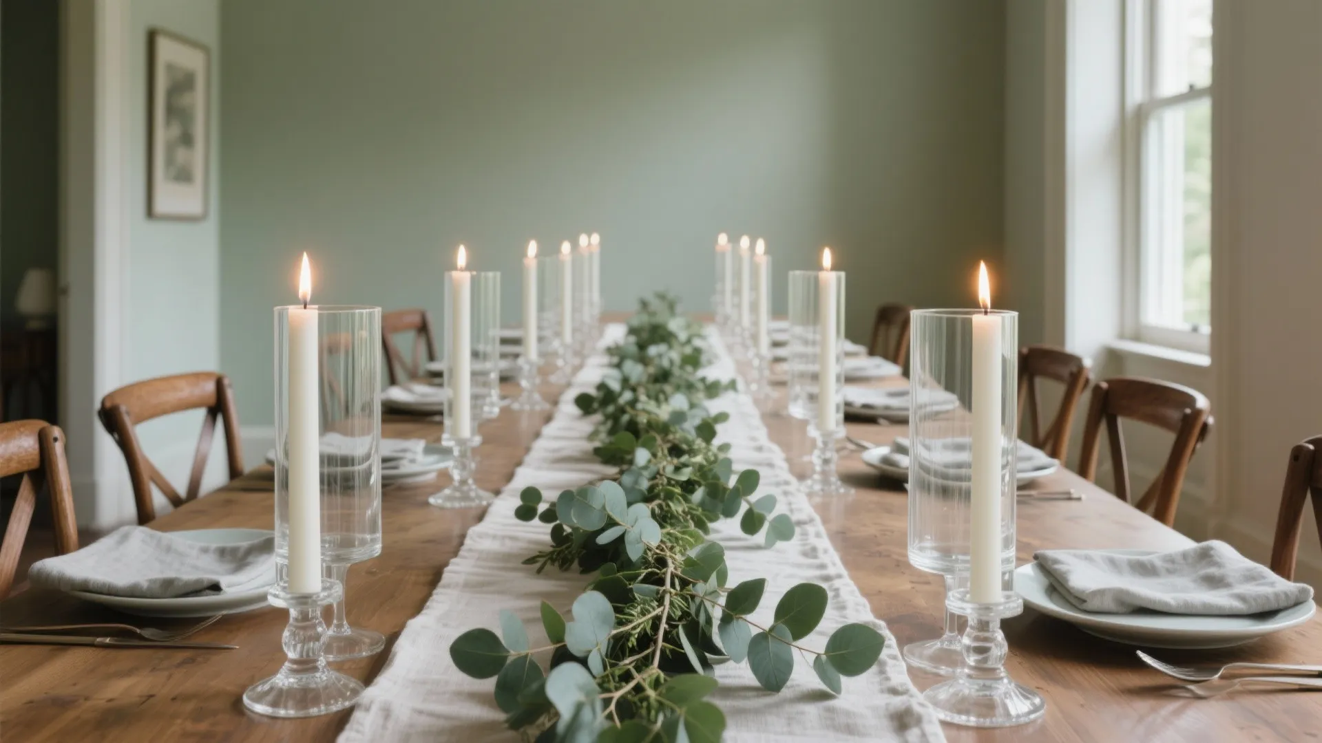 Long wooden dining table set with white candles in glass holders and green leaf runner