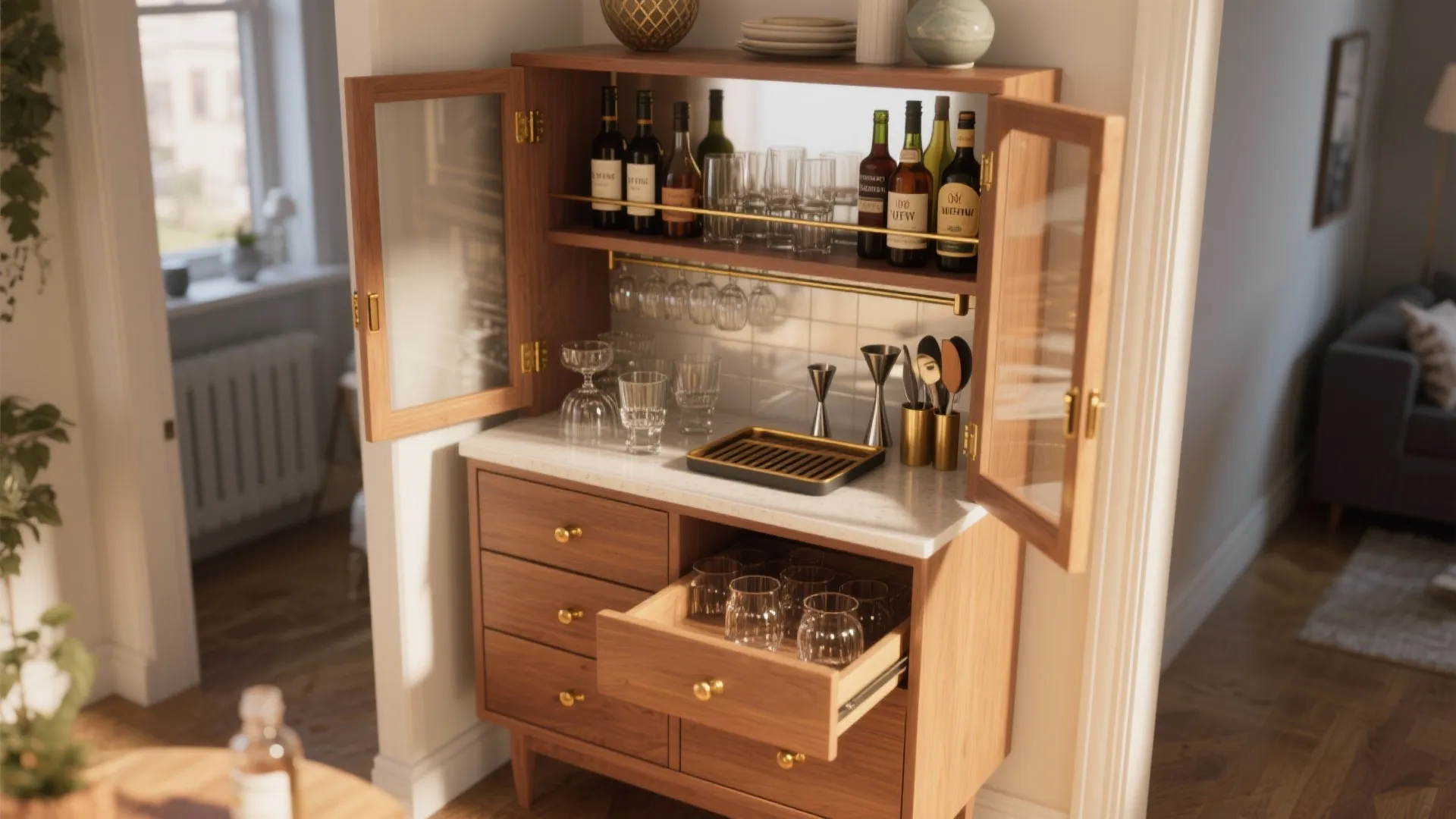 Wooden home bar cabinet with glass doors marble top wine bottles glasses and open drawer