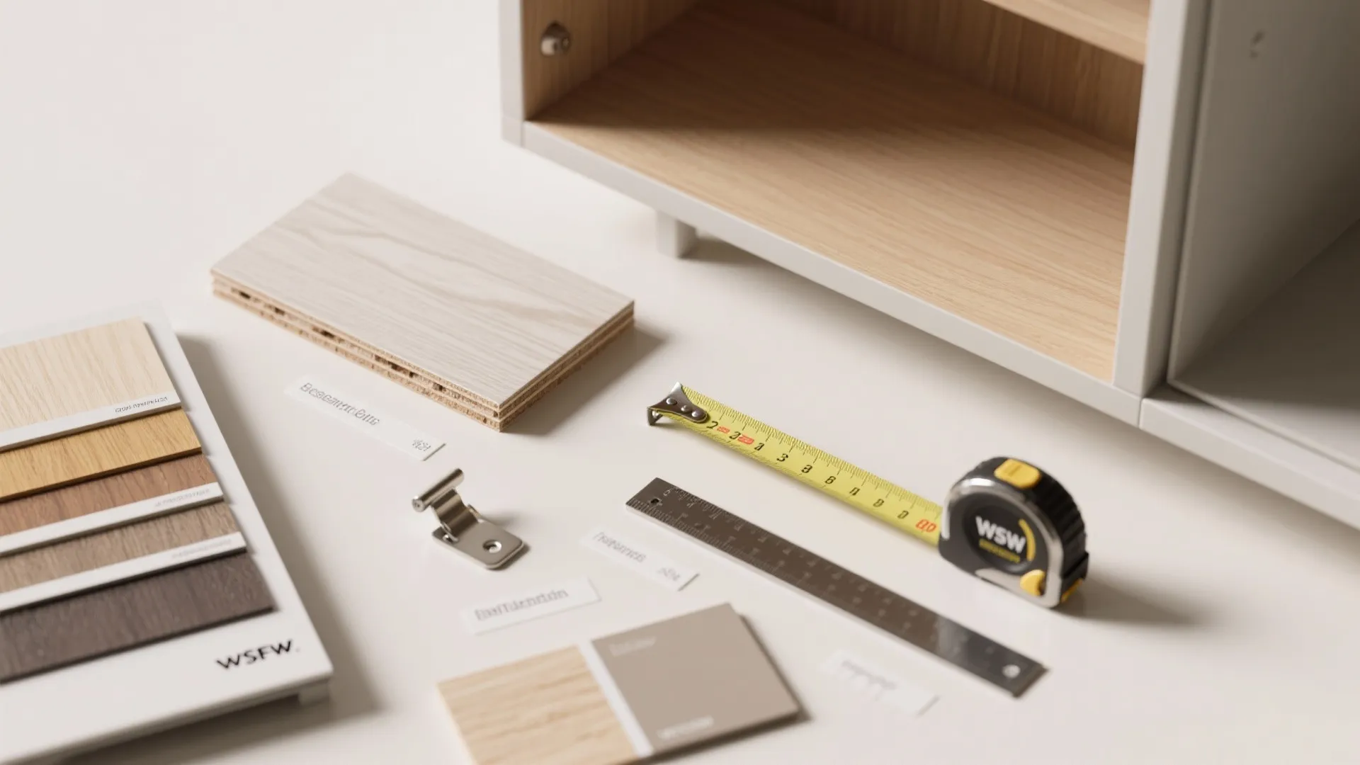Cabinet samples with measuring tape and ruler on a white desk for an interior project