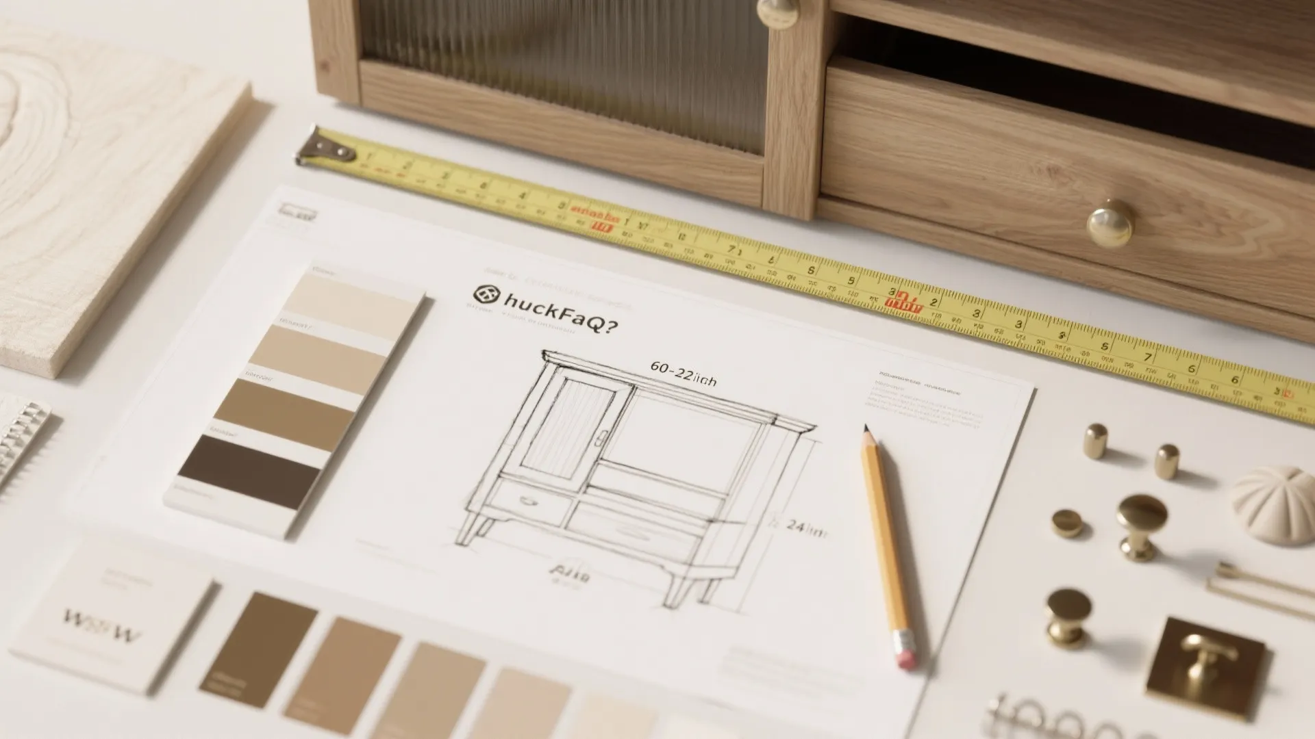 Furniture design flat lay with sketch, yellow tape measure, color swatches, pencil, and metal knobs