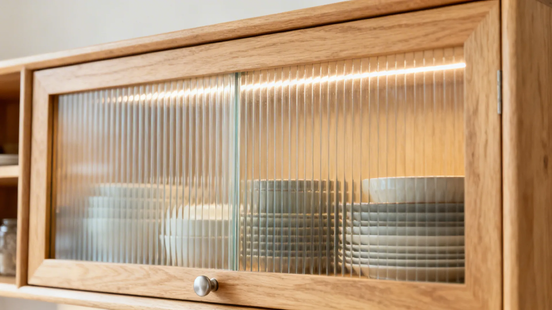Close up of wooden cabinet with textured glass doors light inside and stacked white plates