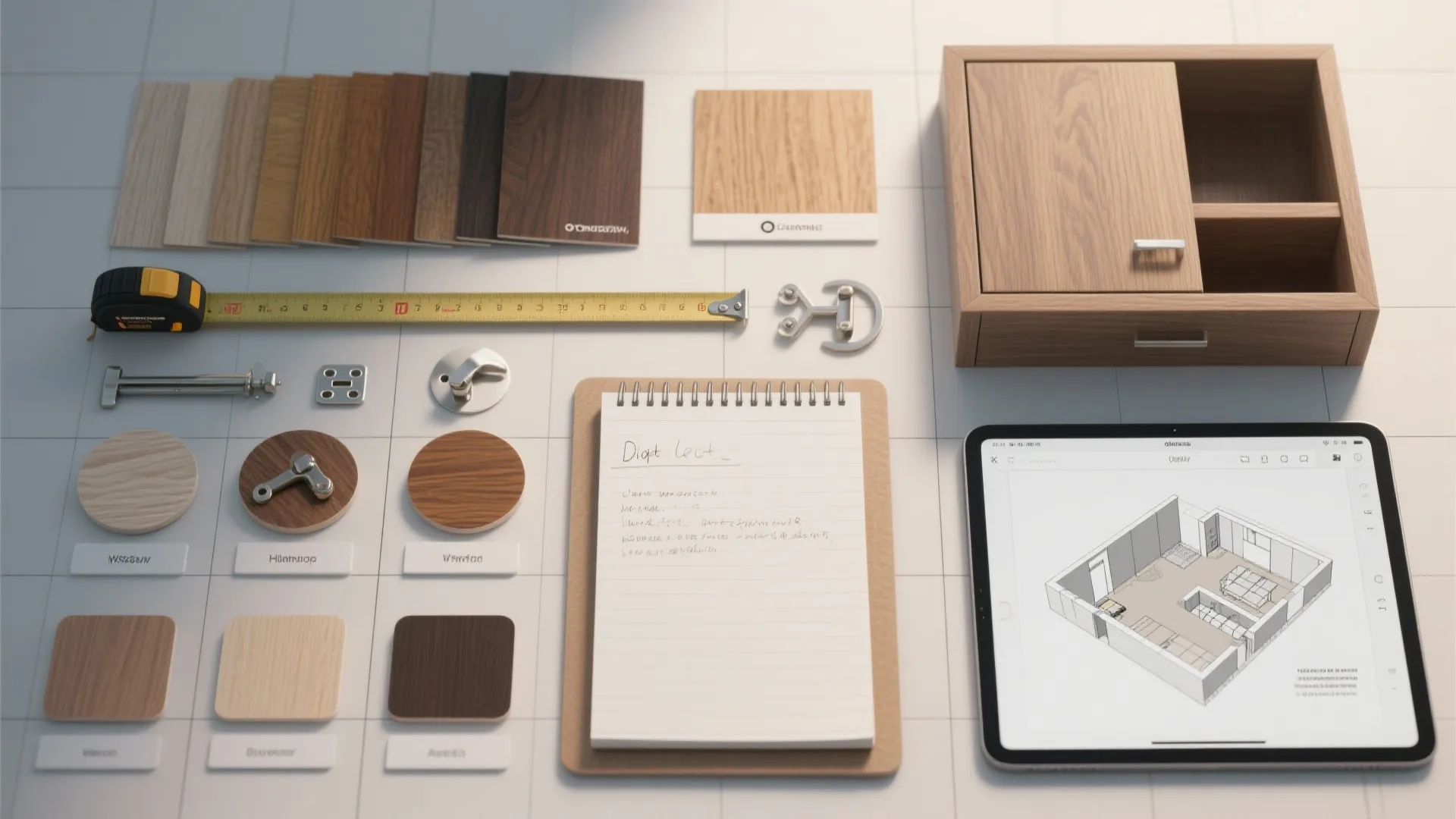Wood samples tape measure hardware notepad cabinet and tablet displaying a 3D interior design drawing