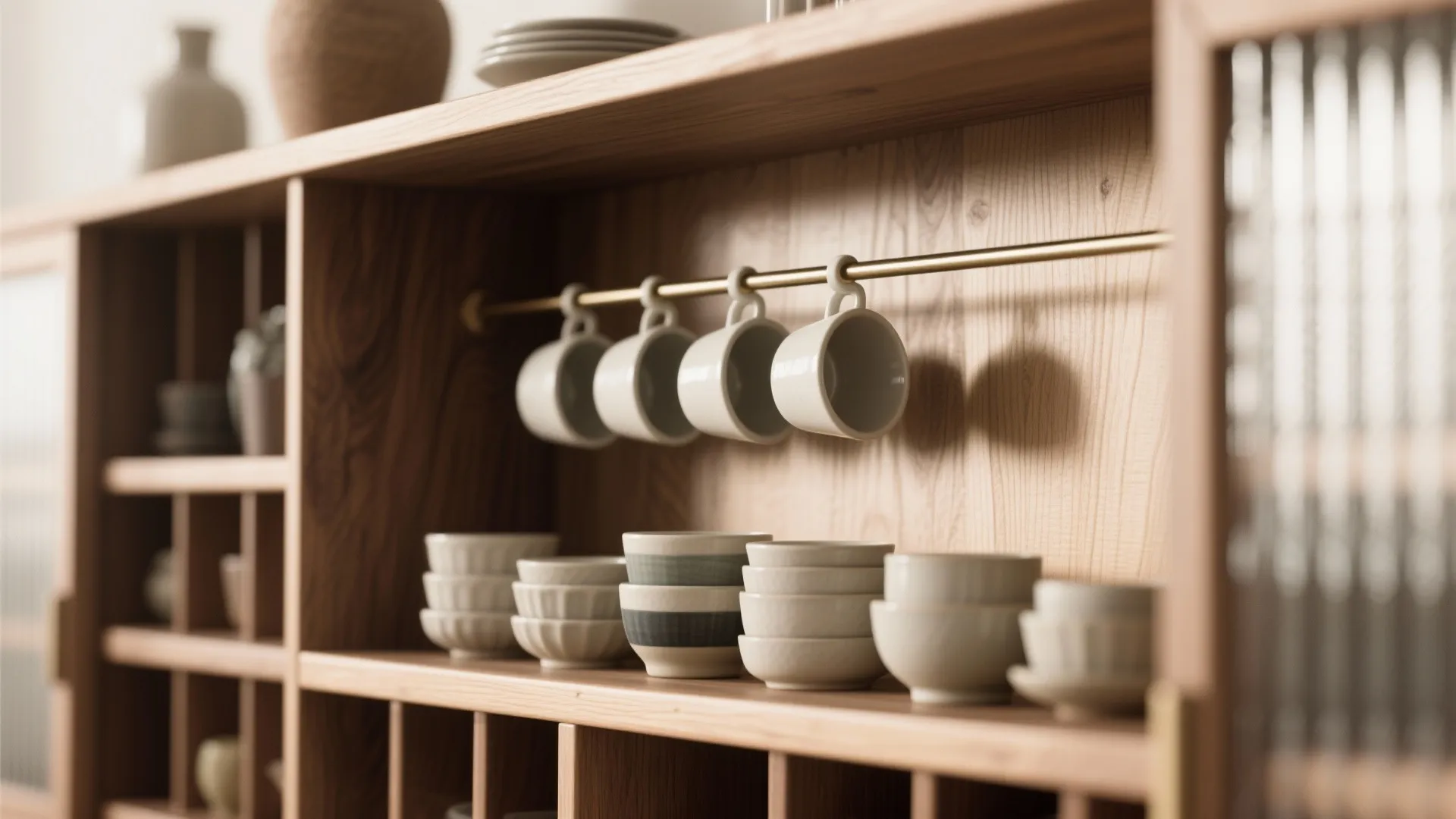 Close up of wooden kitchen cabinet with hanging white cups and stacks of ceramic bowls