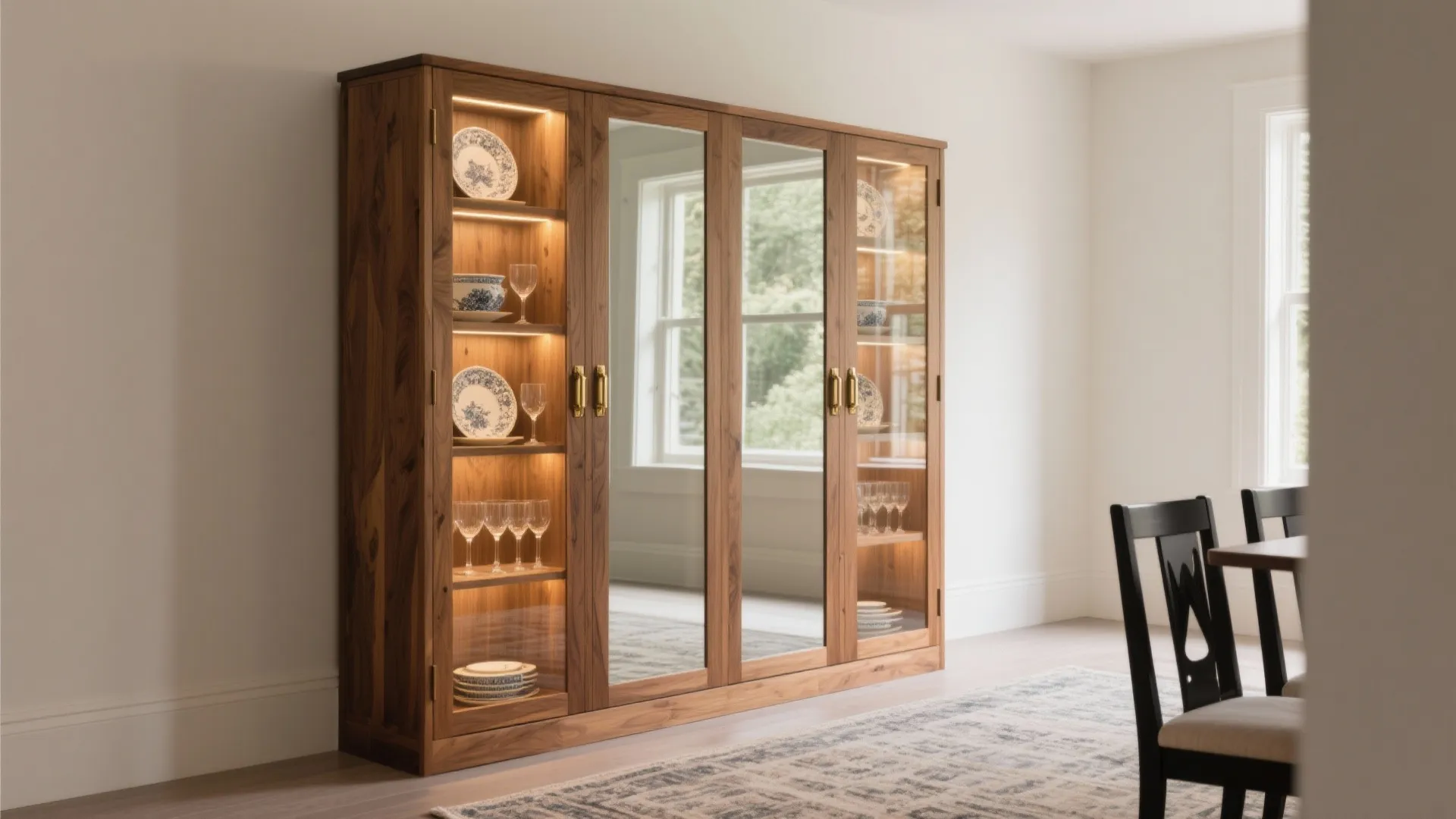 Tall wooden storage cabinet with glass doors interior lighting plates and glasses in dining room