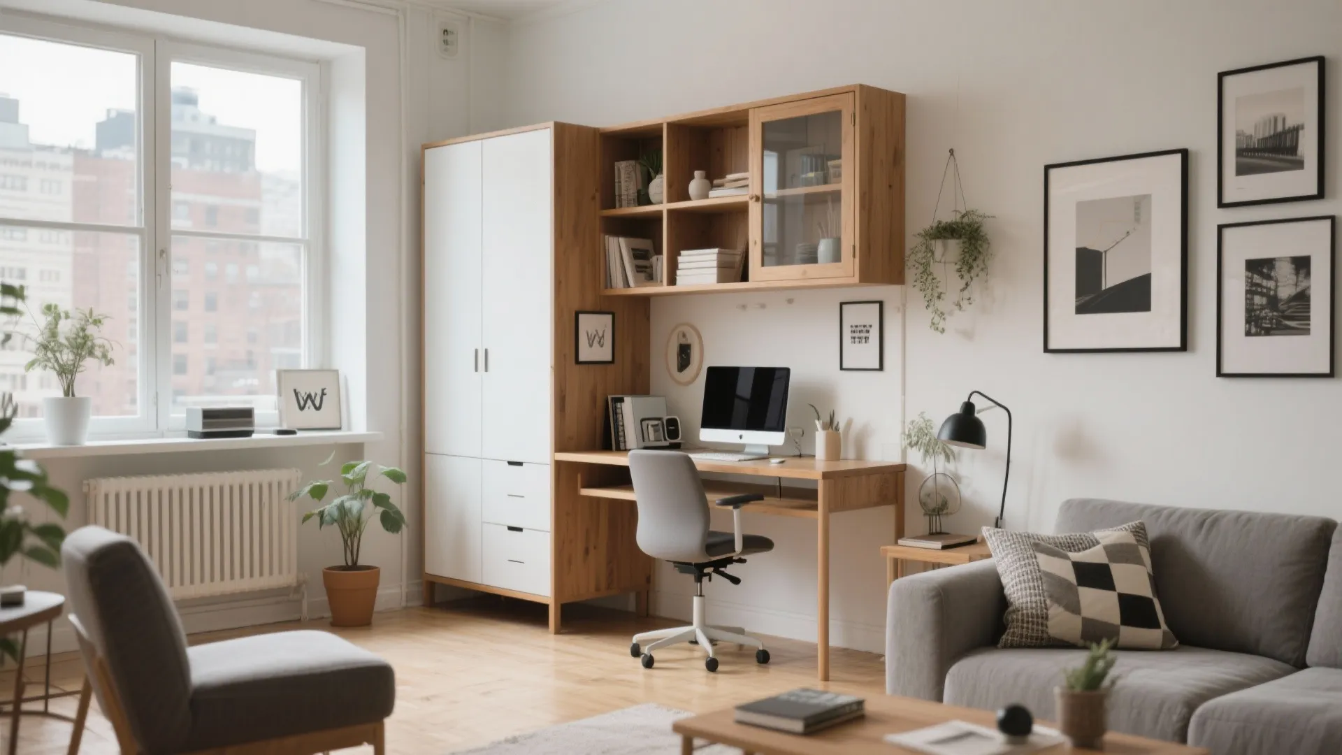 Hutch converted into a compact desk for living room workspace