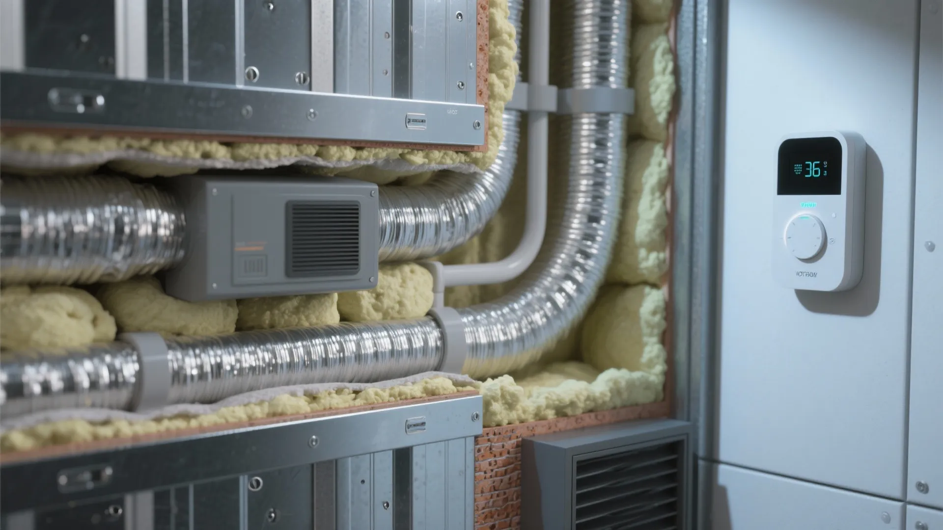 Close up of silver air ducts with yellow foam insulation and a white digital thermostat