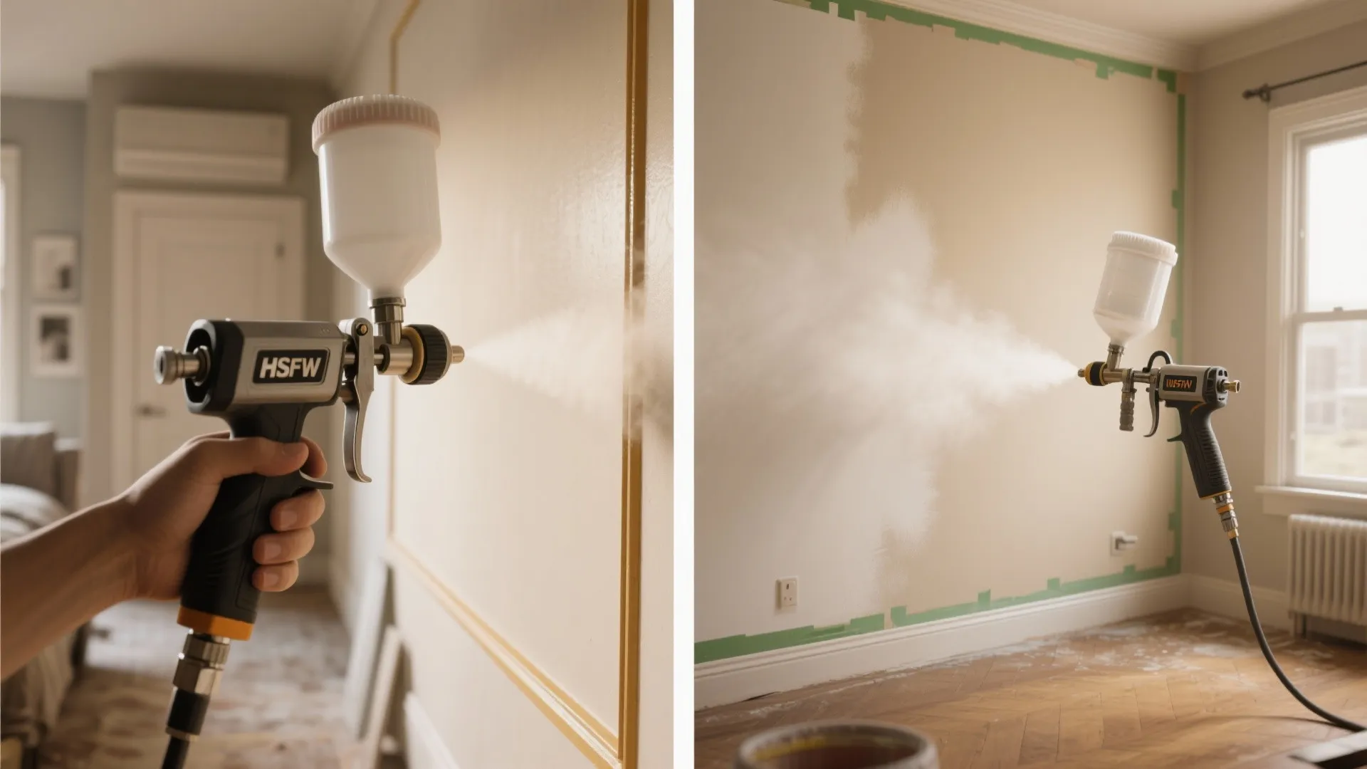 Comparison showing a handheld paint sprayer and a large paint sprayer machine for wall painting